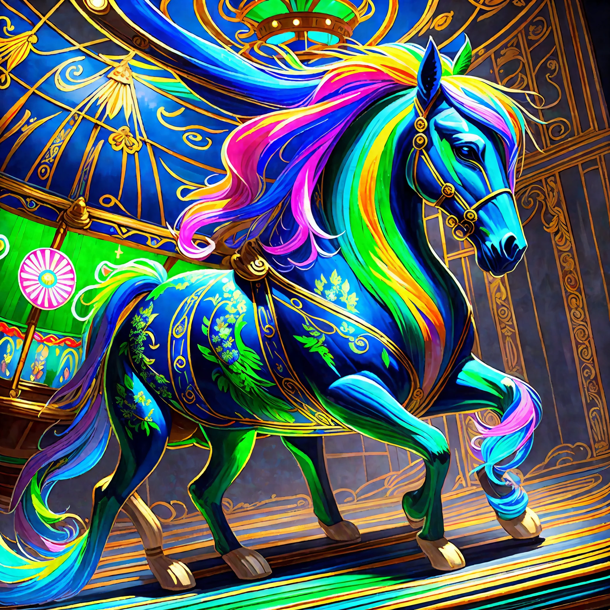 a painting of an antique carousel with gorgeous horses of mane and radiant colorful neon long tails with highlights for the colors royal blue and intense green, on a black background,, breathtaking rendering, within a radiant connection, inspired by Kinuko Y. Craft,, magical elements, kitten icon, wow, is gorgeous, casting a multi colorful spell,  bright flash, flash --auto --s2