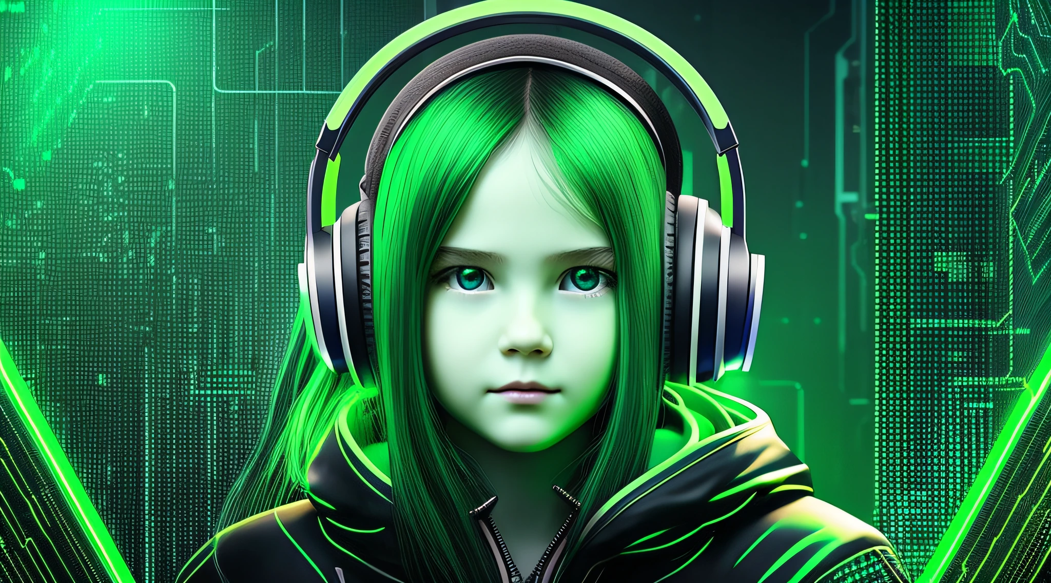 Russian child girl long straight dark hair, put on headphone jack and change into a cyberpunk green coat but do not change the face, green background . --auto --s2