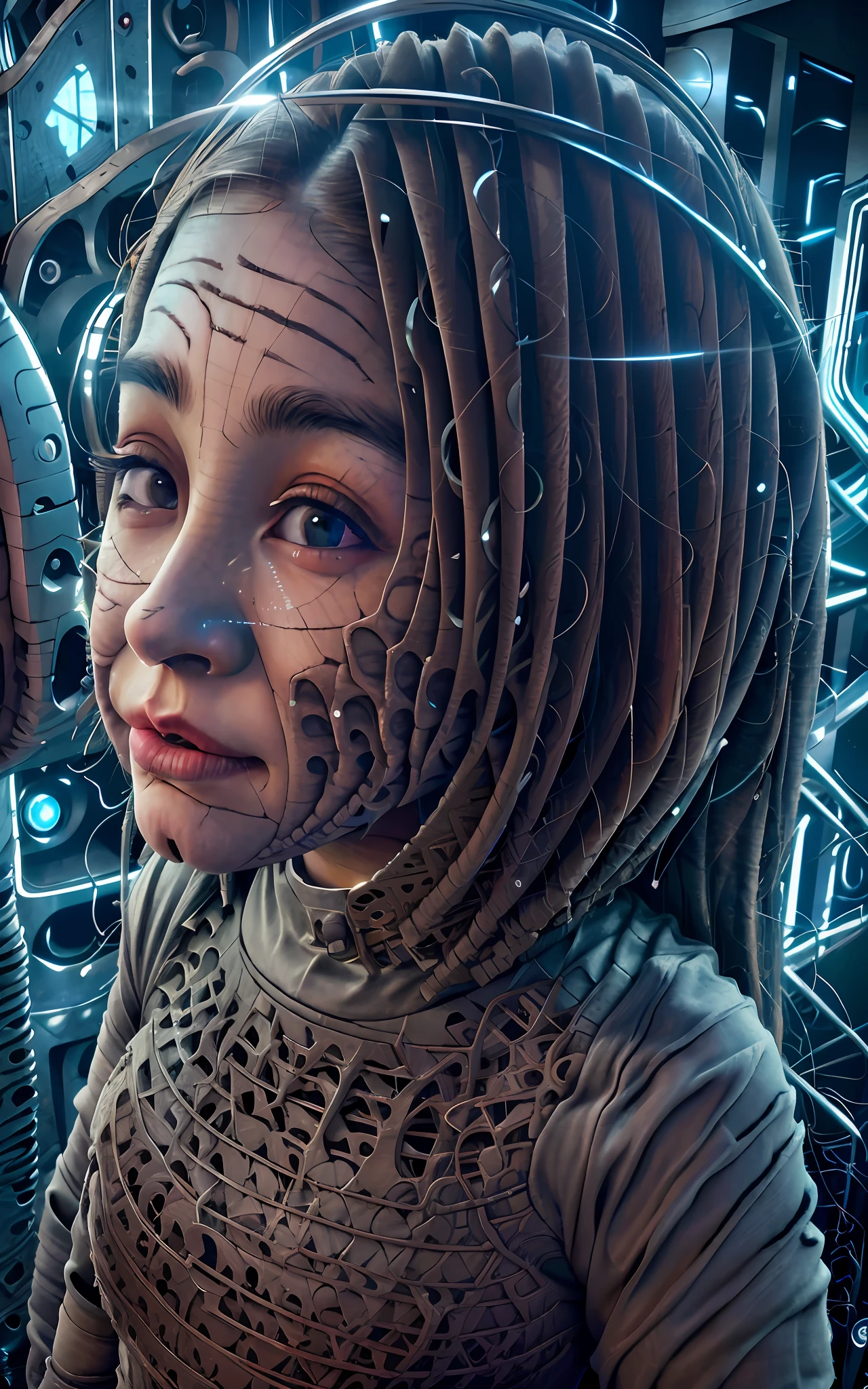 a astronaut robo-girl with head braid apocalypse atmosphere in the background, oxygen cyber-mask on the face, [(red lights eyes):0.8], realistic eyes, focus eyes, detailed eyes, great eyelashes, mouth open a bit, (closeup:1.2), creative, steampunk, many mechanic parts and detailed, epic realistic, faded, neutral colors, ((((HDR)))), ((((muted colors)))), insane details, intricate scene, artstation, (hyperdetailed:1.1), cinematic shot, warm lights, dramatic light, (intricate details:1.1), vignette, complex background, [[teal and orange]], slate gray atmosphere, (vsco:0.3)