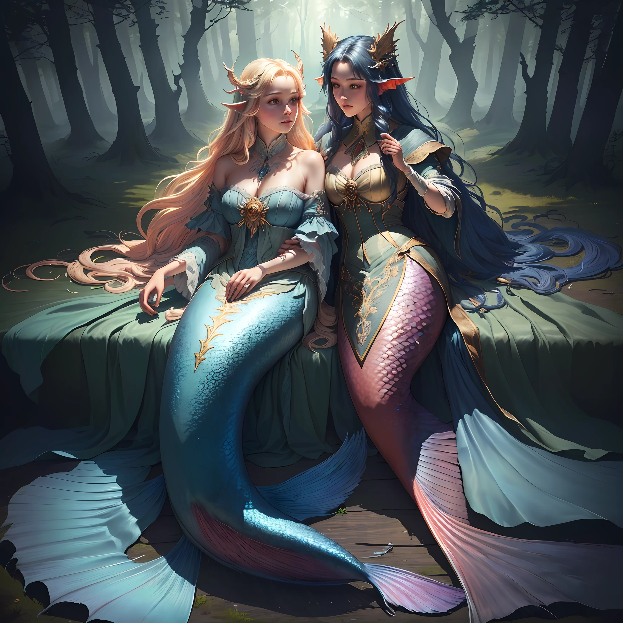 Masterpiece, best quality, (very detailed CG unified 8k wallpaper), (best quality), (best illustration), (best shadow), realistic lighting, full body shot, mermaid portrait, fish fin ears, intricate, elegant, very detailed, handsome, very detailed, claws, in the forest, blood, rags, beautiful face, dreamy, medieval, beautiful detailed light