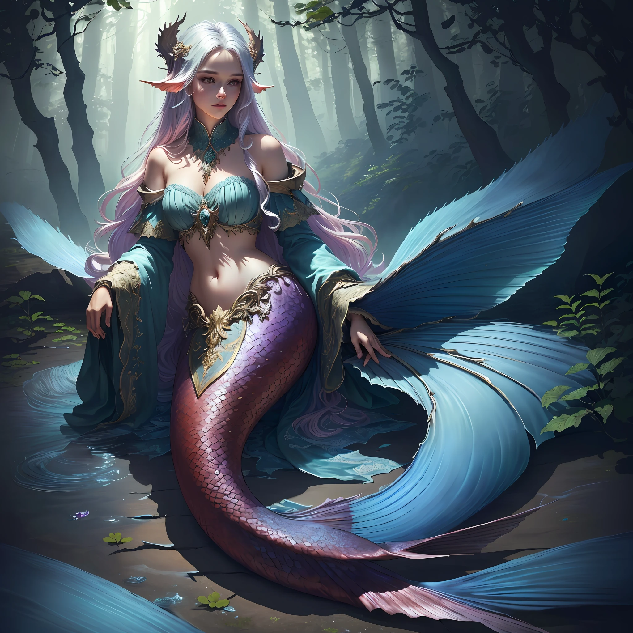 Masterpiece, best quality, (very detailed CG unified 8k wallpaper), (best quality), (best illustration), (best shadow), realistic lighting, full body shot, mermaid portrait, fish fin ears, intricate, elegant, very detailed, handsome, very detailed, claws, in the forest, blood, rags, beautiful face, dreamy, medieval, beautiful detailed light