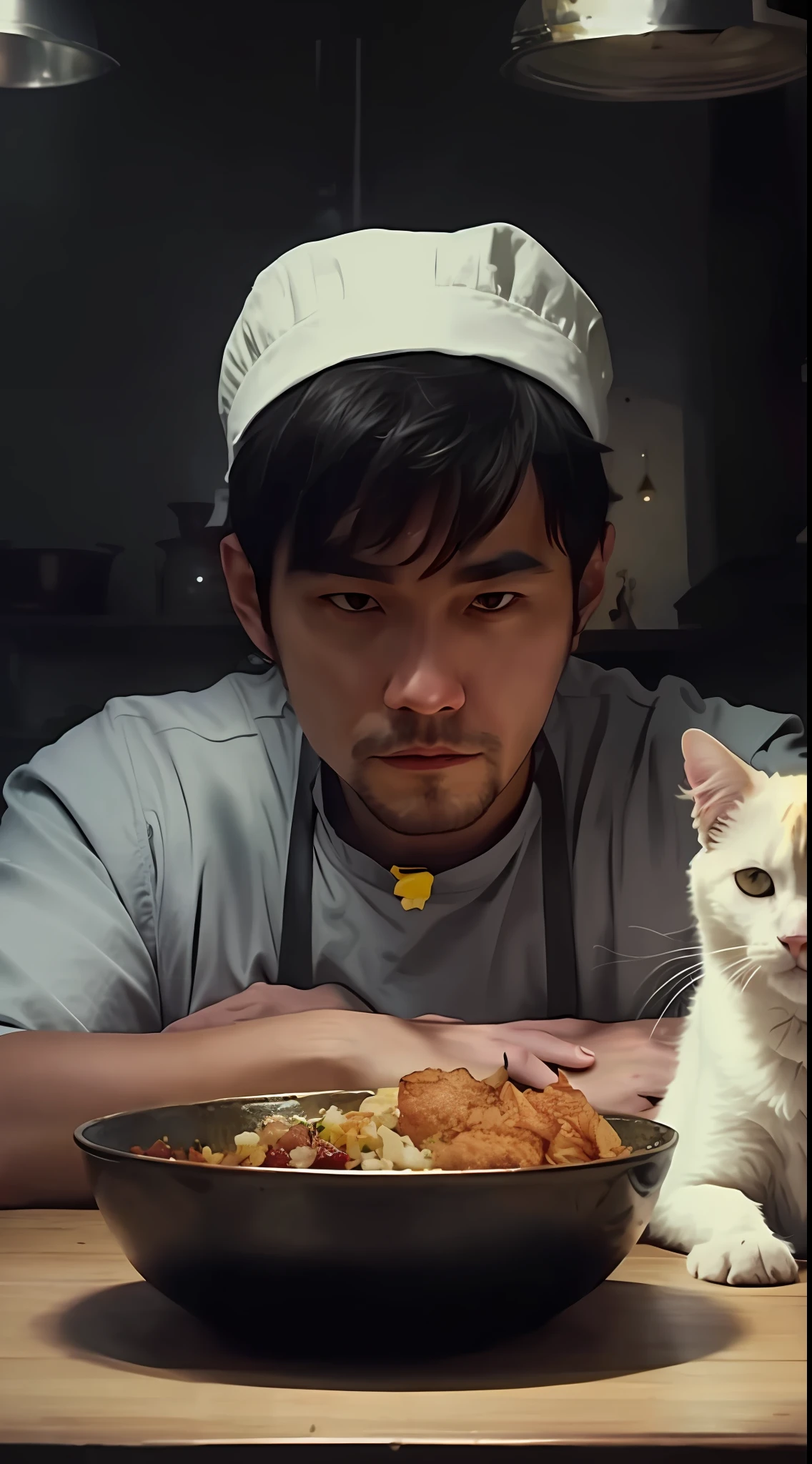 There is a man sitting at a table with a bowl of food and a cat, dark and macabre kitchen, cold stare