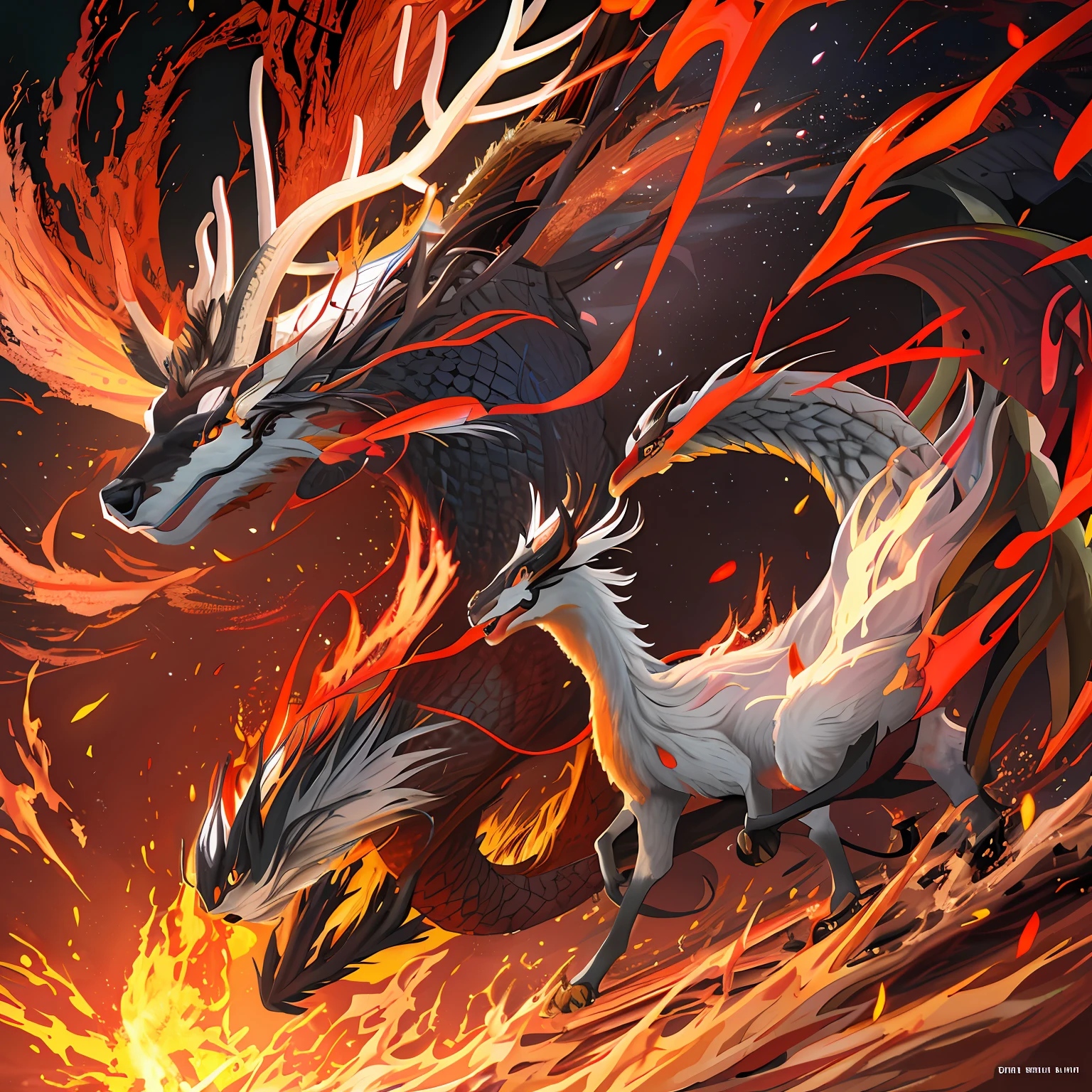 kilin, killin, kirin, the animal myth from china, have 4 legs like deer, have scale like a dragon, have amaxing detail, fire engulf the body, fierce eyes, have deer horn with the head of dragon