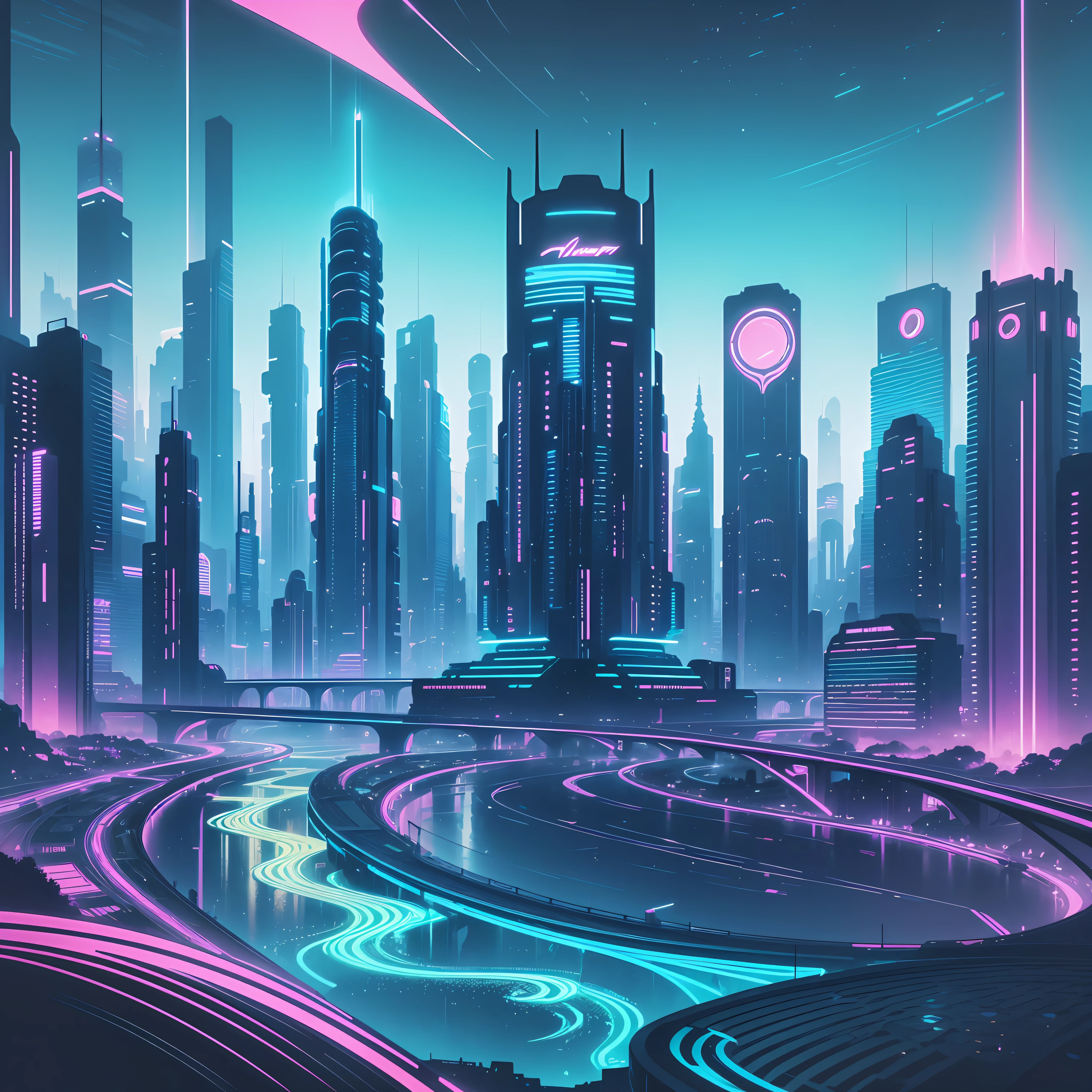 an illustration of a futuristic city with neon lights and a river running through it by Kilian Eng --auto --s2
