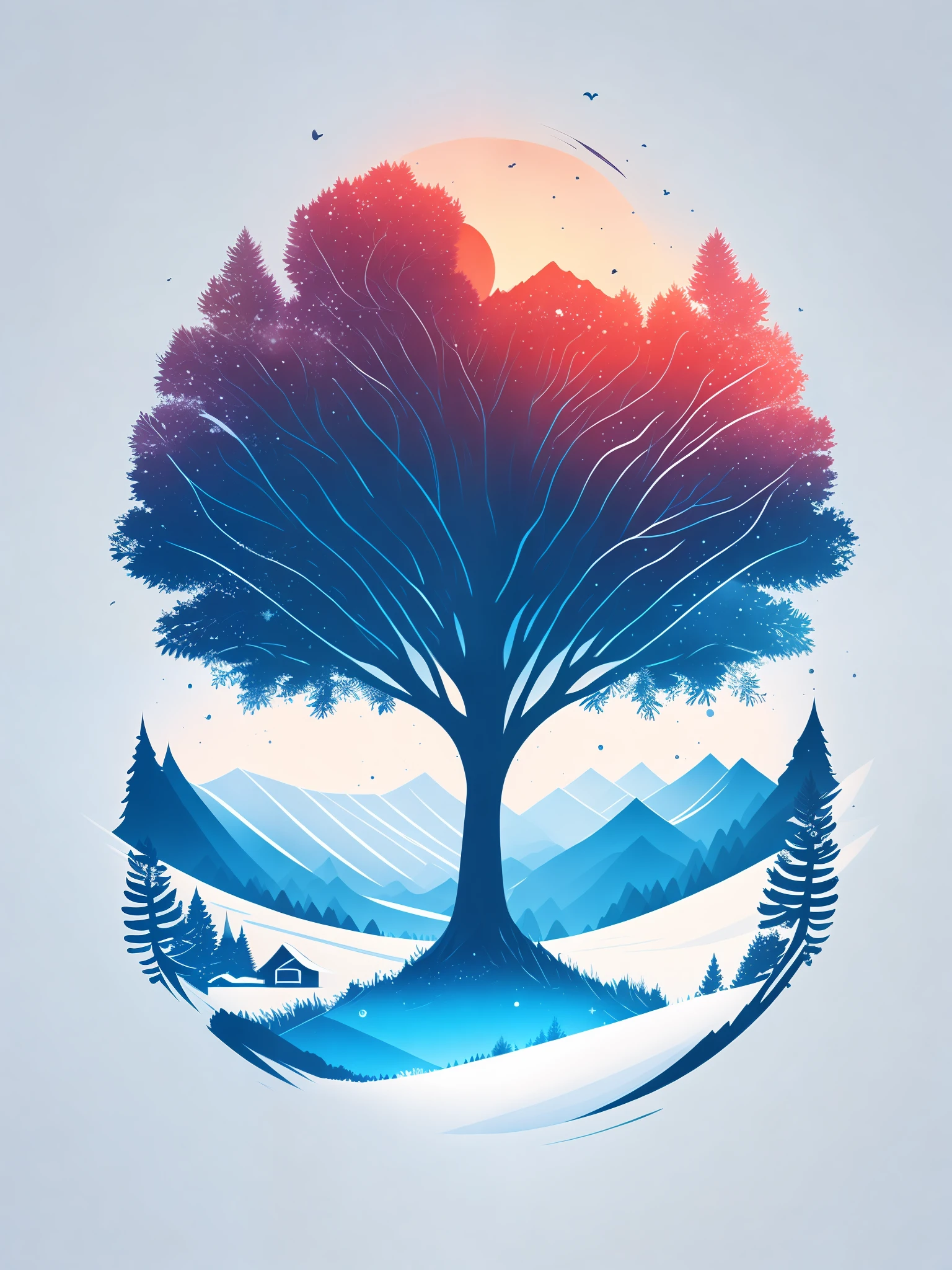 a spruice tree in a winter landscape, tshirt design, rzminjourney, vector-art