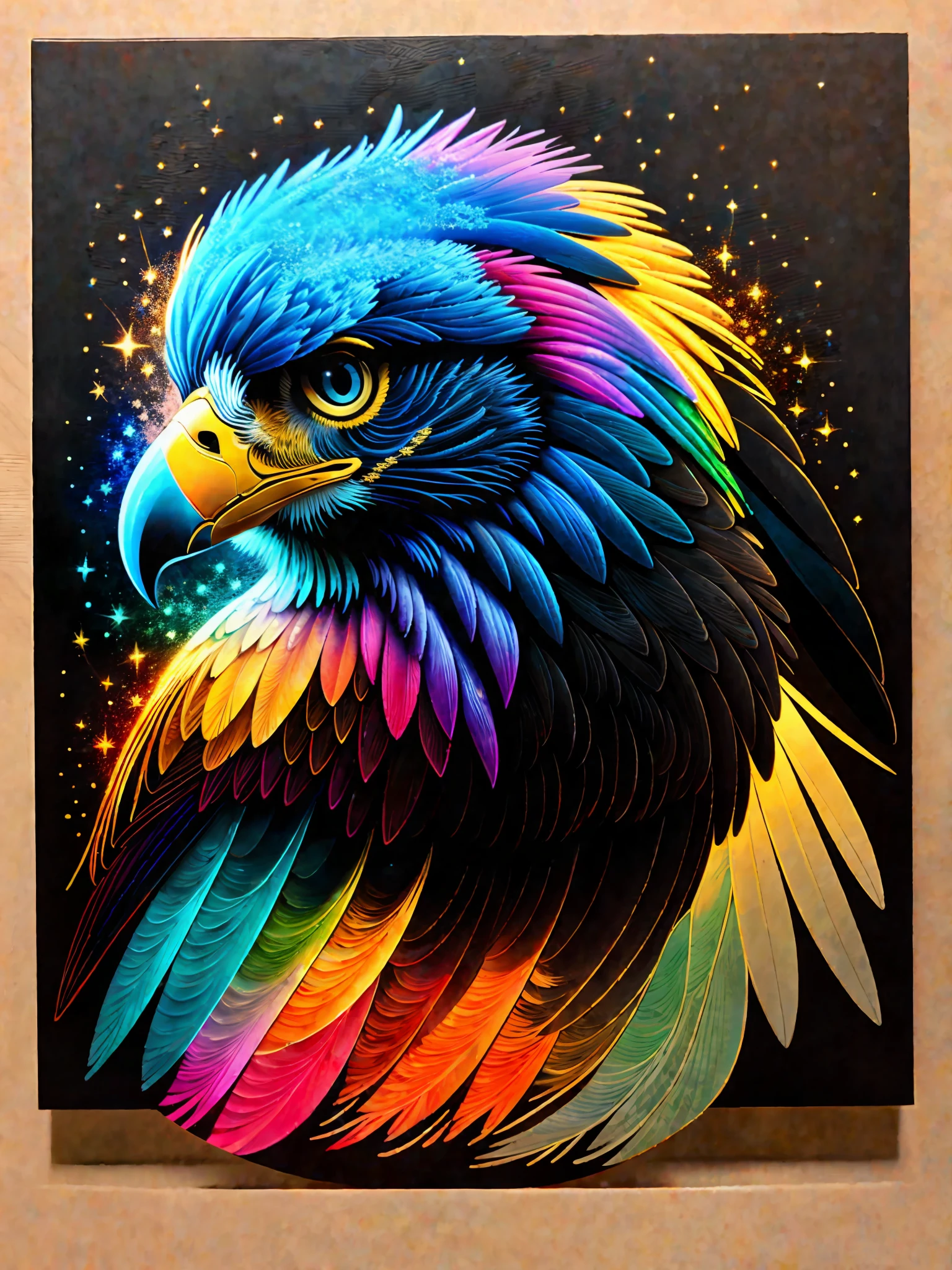 a painting of a colored eagle on a black background,, breathtaking rendering, within a radiant connection, inspired by Kinuko Y. Craft,, magical elements, kitten icon, wow, is beautiful, casting a multi colorful spell, bright flash, flash