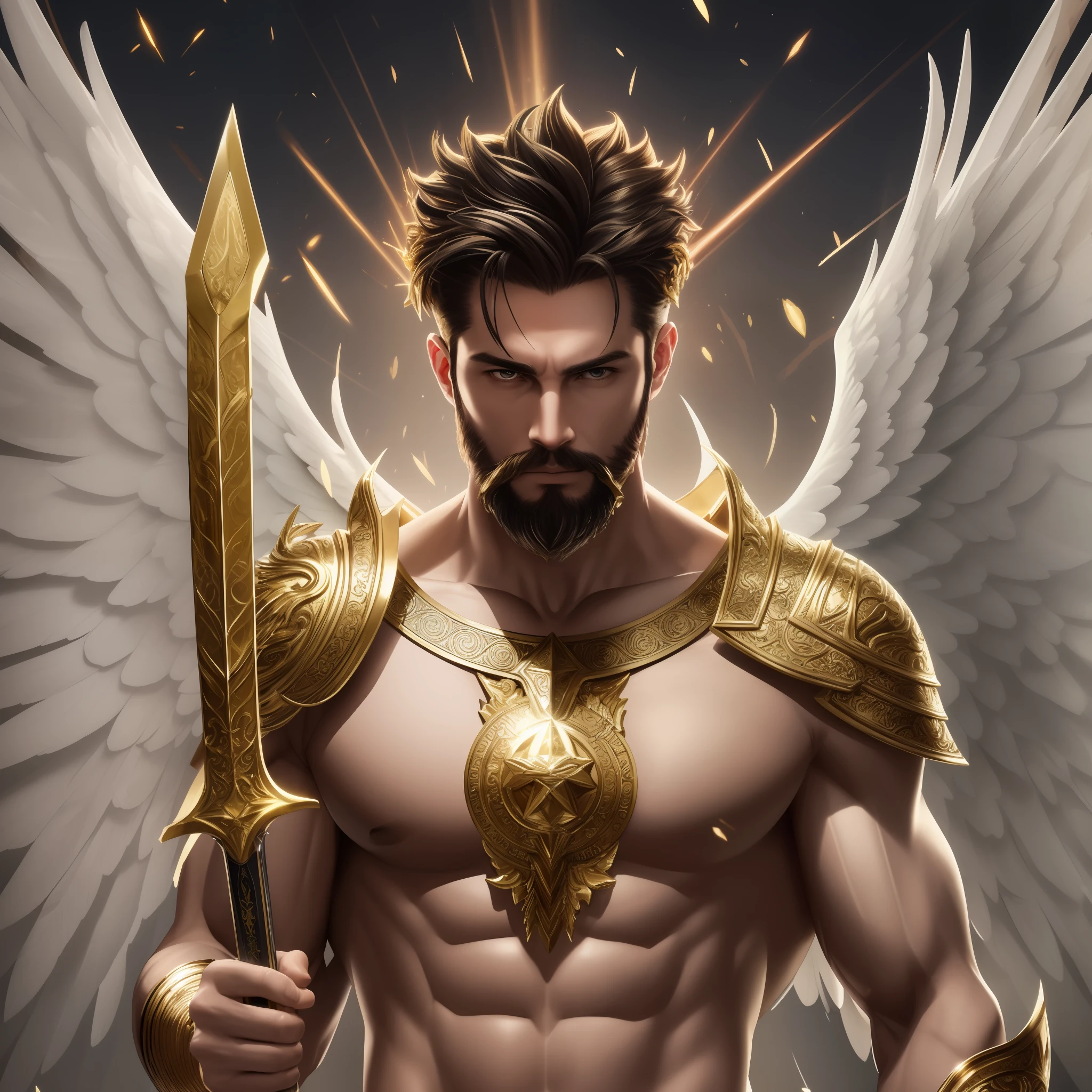 a close up of a man with a sword and wings, archangel, angelic golden armor, portrait of greek god ares, epic fantasy digital art style, full - body majestic angel, epic angel wings, greek myth digital painting, angel in plastic armor, male warrior, ares with heavy armor and sword, beautiful male god of death, epic fantasy art style hd, winged archer