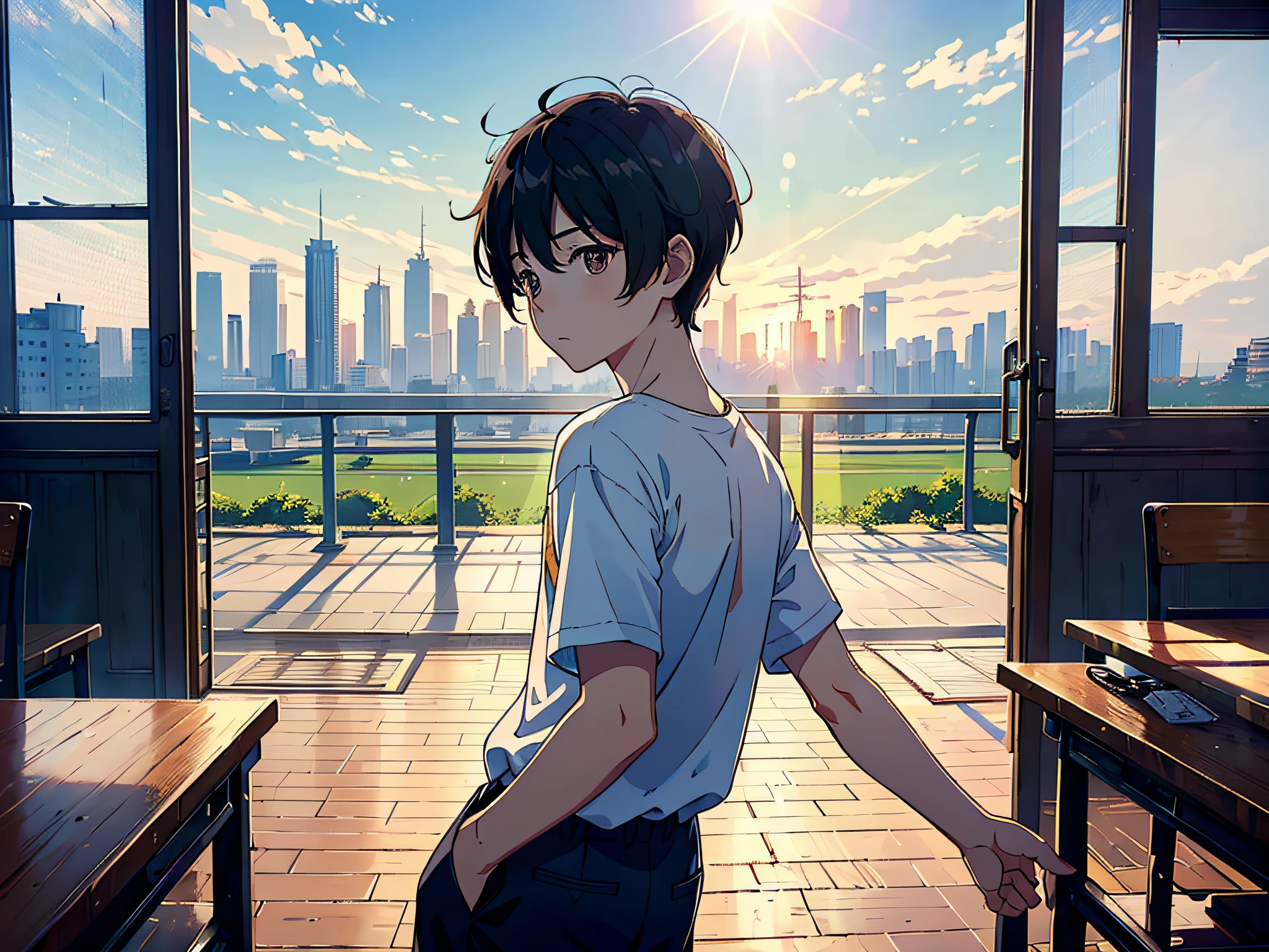 In the afternoon the sun is shining, a boy walks out of the back of the classroom, (boy 1.5), the man is wearing a white T-shirt with the boy's back in the background, the lens is mainly featuring the upper body, the lens is the boy's back, in the Loepfe art style ((Xinhai City), popular in CGStation, Shinkaicheng H 2160, inspired by Bian Shoumin, Xinhaicheng, Kavasi, Guvitz style, high quality, 4K, 8K, resolution, -auto-s2