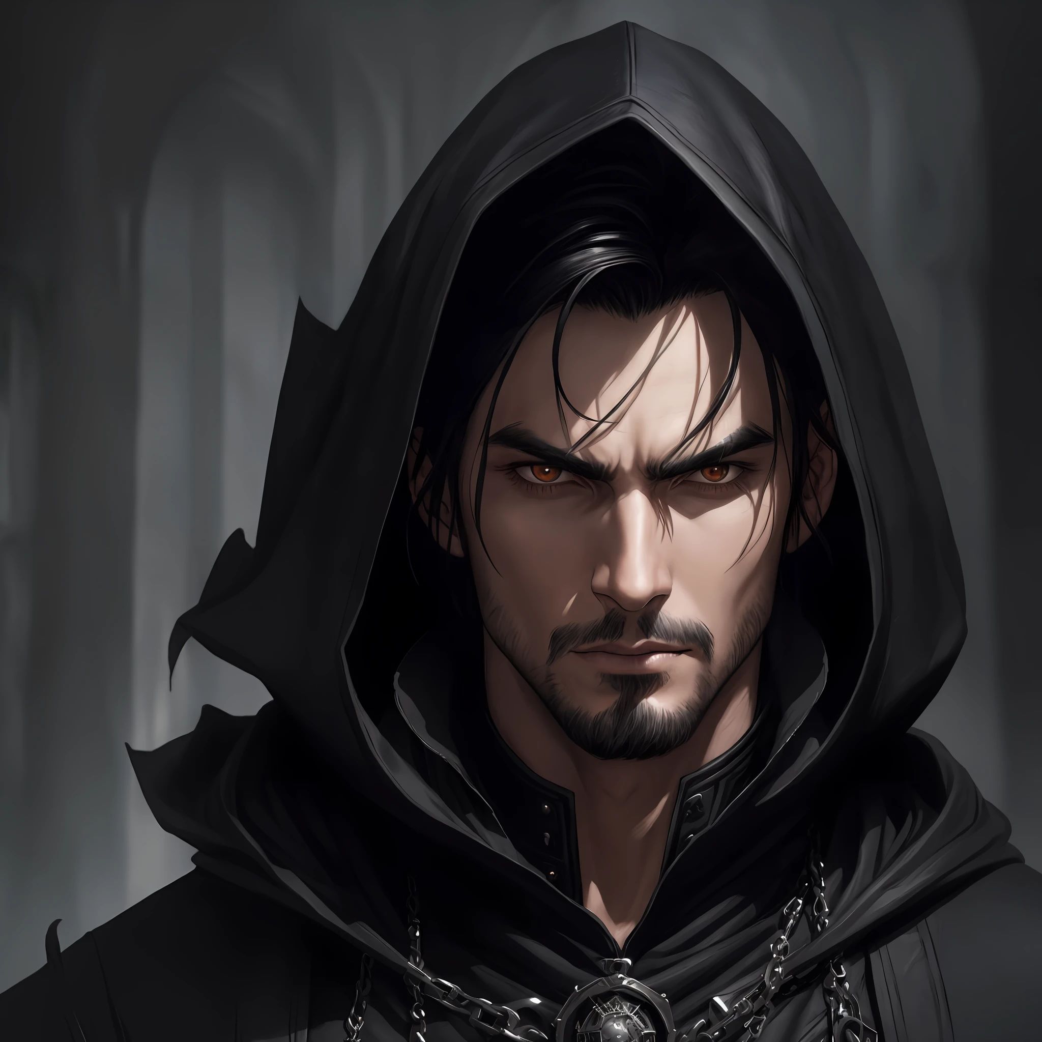 alluring highly detailed close-up portrait of beautiful man with black haired wearing a dark clothes, dark skin, vampire, serious, hooded, goth style, living in dark Village, darkness, very detailed, realistic, by Stanley Artgerm Lau, greg rutkowski, thomas kindkade, alphonse mucha, loish, norman