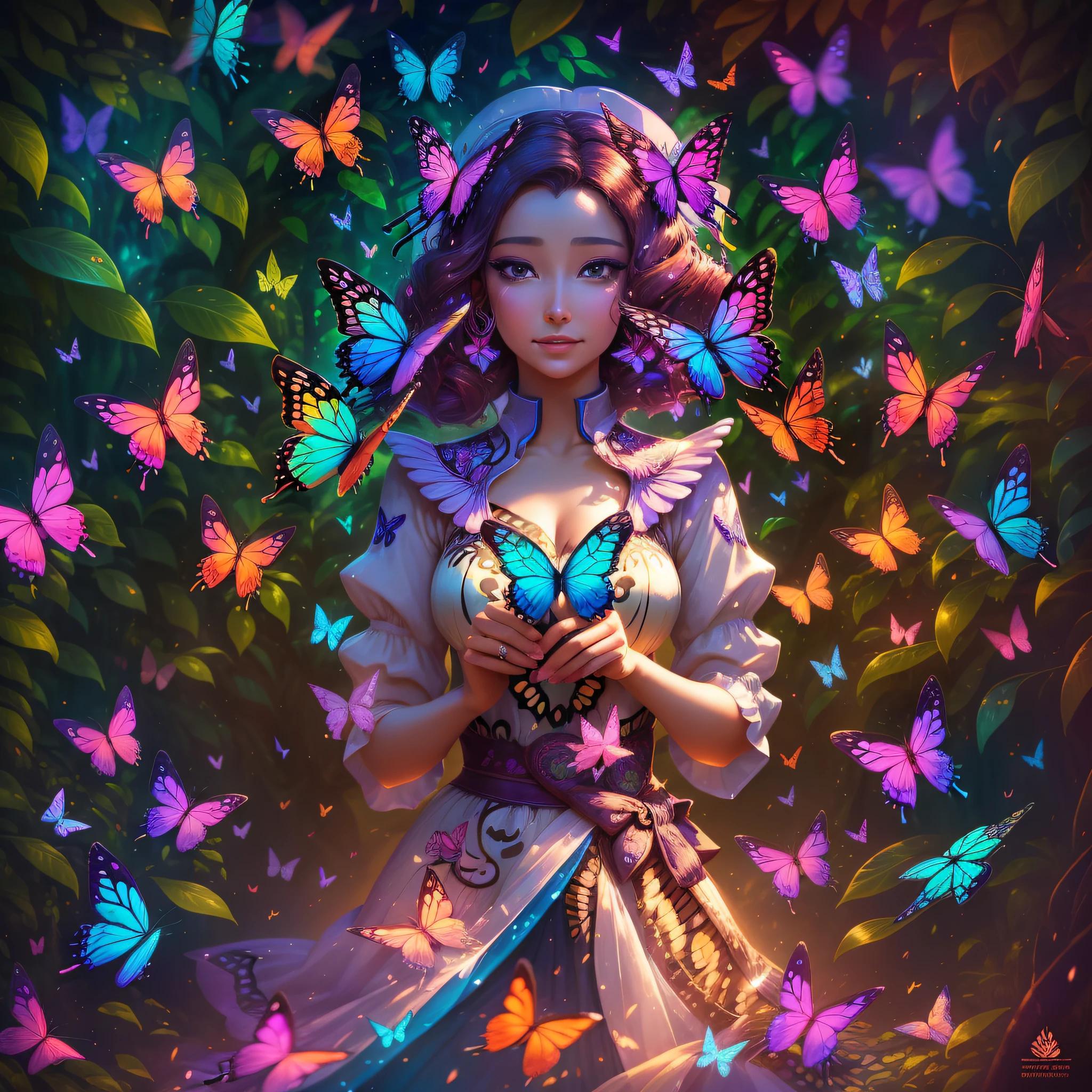 The woman finds a mysterious box in a secret grove. As you open the box, a whirlwind of colorful butterflies flies around you, each carrying a unique thrill on its wings. Some butterflies are radiant with happiness, while others exhibit sad or restless patterns. The woman observes the butterflies dancing around her, experiencing and connecting with a variety of feelings and moods.