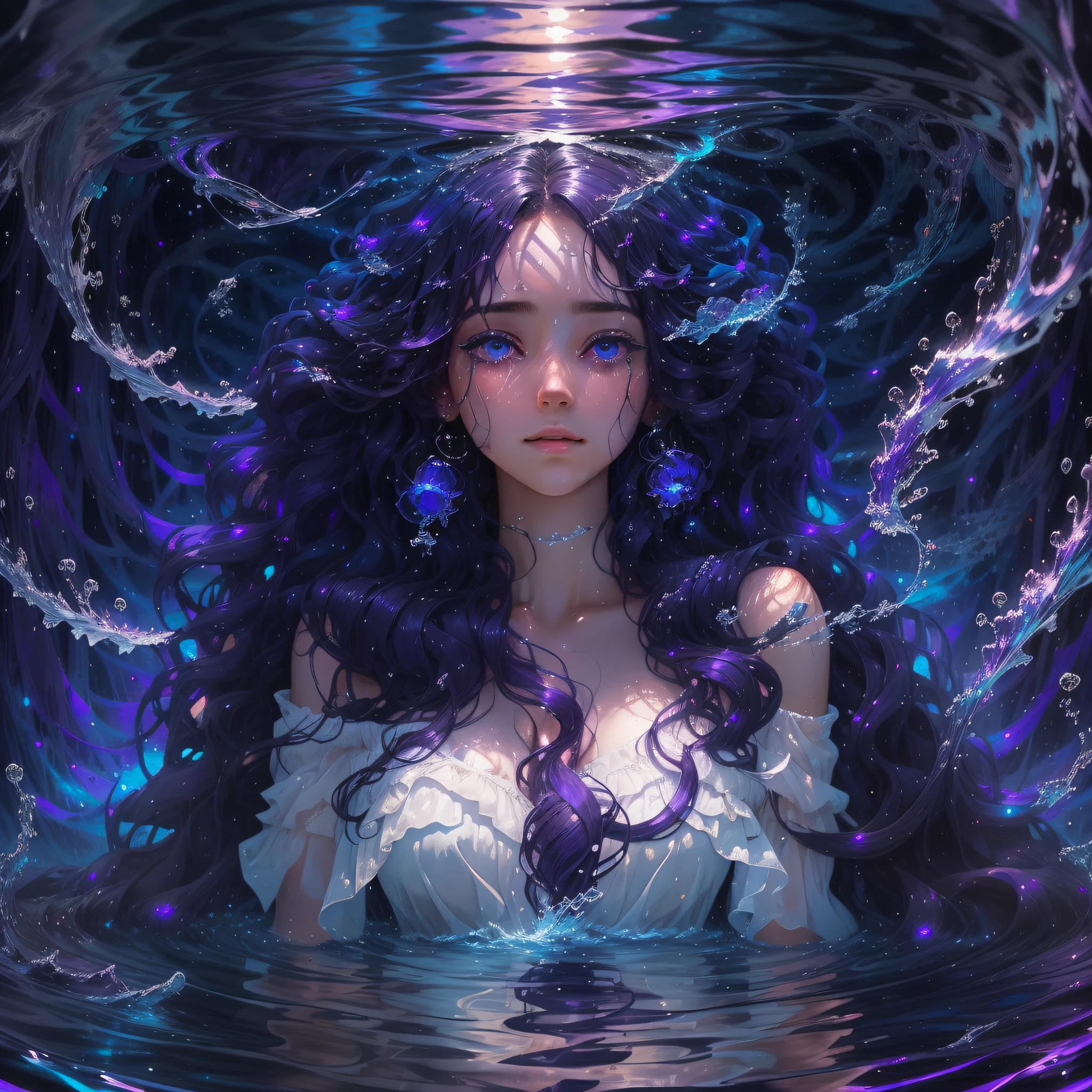 A dark woman with long, white curly hair emerges her figure in water in an environment of infinite violet cosmoswith soft blue tones, her tears are stars