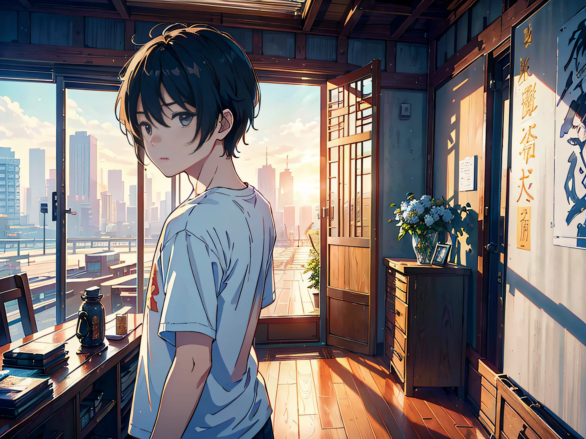 In the afternoon the sun is shining, a boy walks out of the back of the classroom, (boy 1.5), the man is wearing a white T-shirt with the boy's back in the background, the lens is mainly featuring the upper body, the lens is the boy's back, in the Loepfe art style ((Xinhai City), popular in CGStation, Shinkaicheng H 2160, inspired by Bian Shoumin, Xinhaicheng, Kavasi, Guvitz style, high quality, 4K, 8K, resolution, -auto-s2