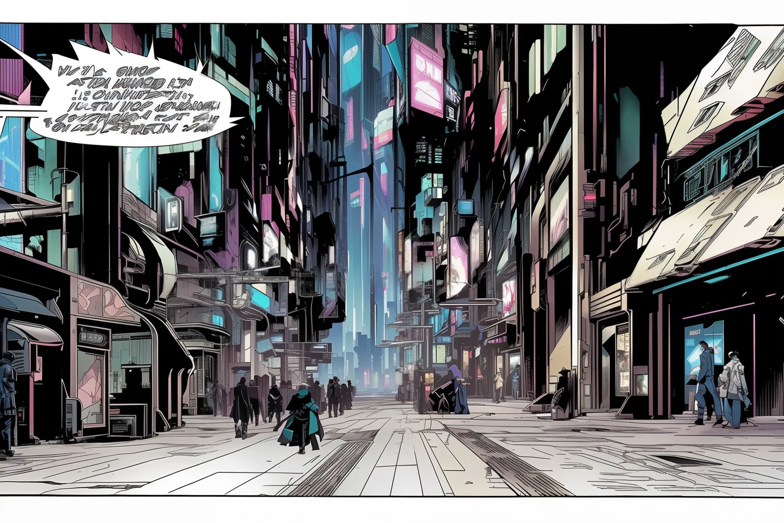 a comic strip with a person standing in front of a building, in a future city, in cyberpunk city, digital cyberpunk anime!!, modern cyberpunk anime, in batman comic book, at cyberpunk city, idw mtmte tfwiki, in fantasy sci - fi city, in pokemon comic, megacity background, in a futuristic cyberpunk city, anime cyberpunk