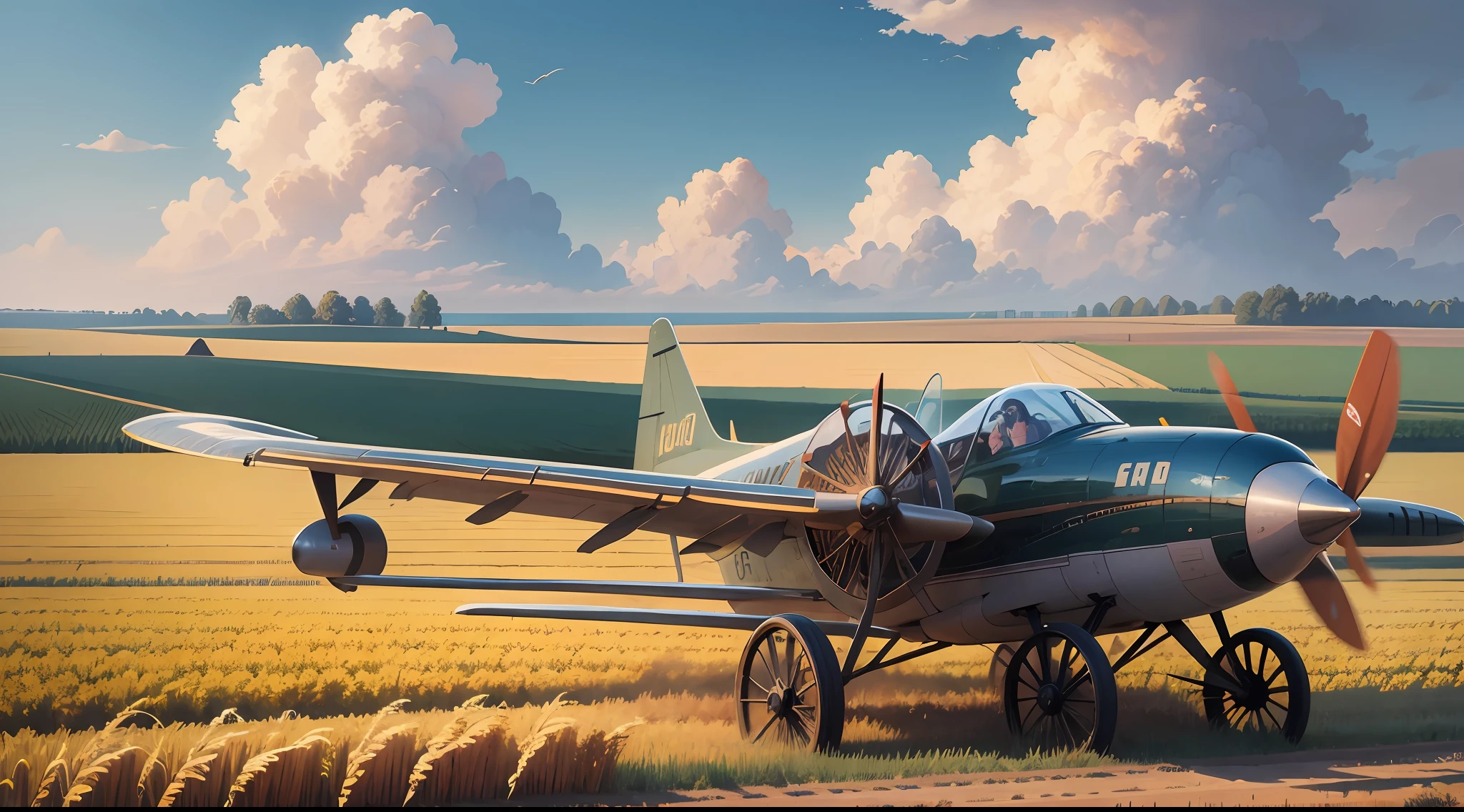 Best Quality, Masterpiece, European and American Cartoon Scenes, Airplane Flying Over a Corn Field, Intricate Design, Farm Pen and Harvest Background, Best Quality, 32k --auto --v 6 --s2