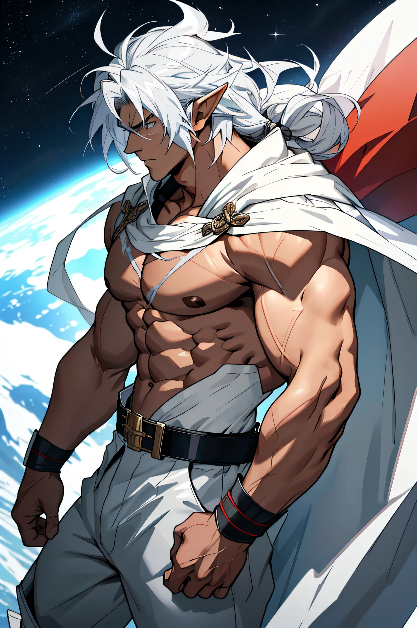 Anime-style art, Extremely muscular man, bobybuilder's body, long white hair, long white hair, pointed ear like an elf's, shirtless, wearing a black belt, wearing white pants, wearing a gray cape that covers the shoulders, wearing black armor shin guard with red details. Protagonist character, heroic character, a powerful warrior, space barbaric style, has a scar on his chest, intimidating look, heroic protagonist character, humanoid, MUSCULOUS male character!!!