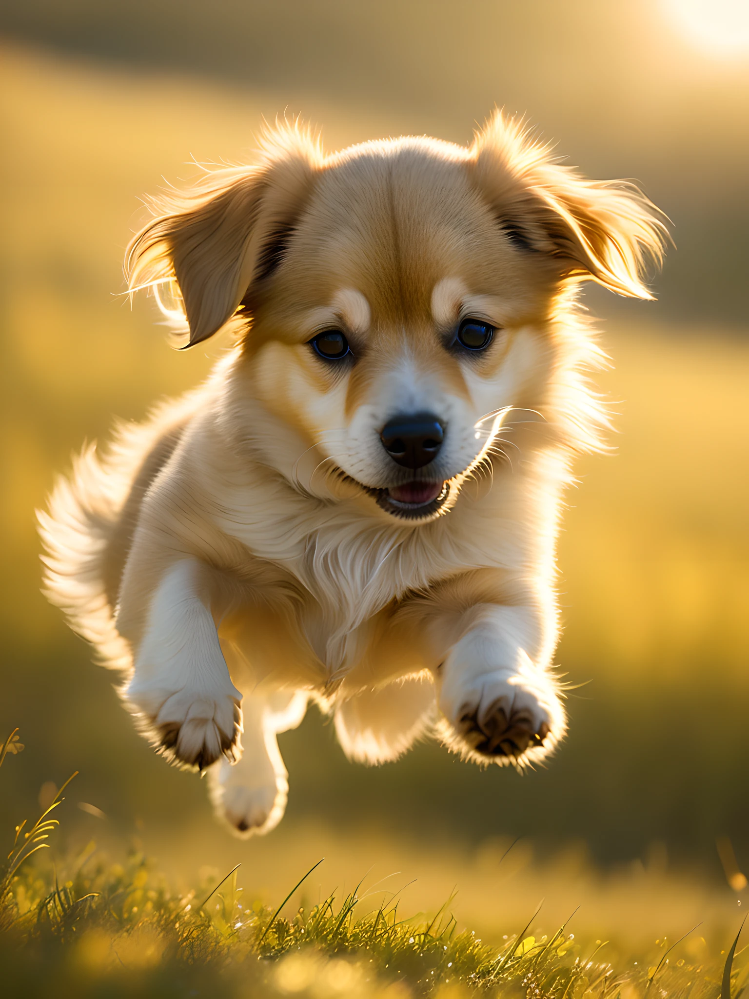 Close-up of a very cute jumping puppy on golden meadow, soft volumetric light, (backlight: 1.3), (movie: 1.2), intricate details, (ArtStation: 1.3), Rutkowski