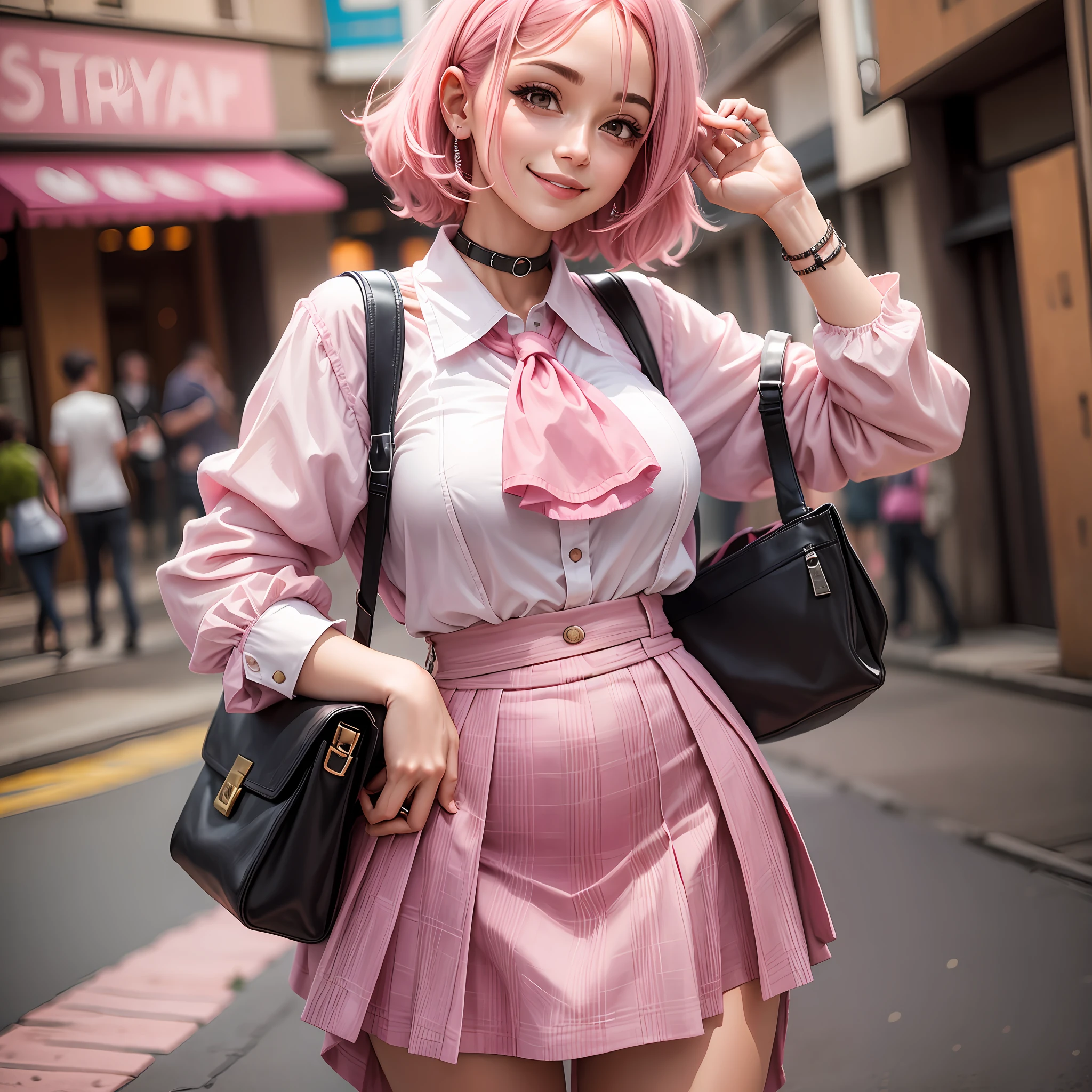 Woman,pink hair, skirt, blouse, smile --auto --s2