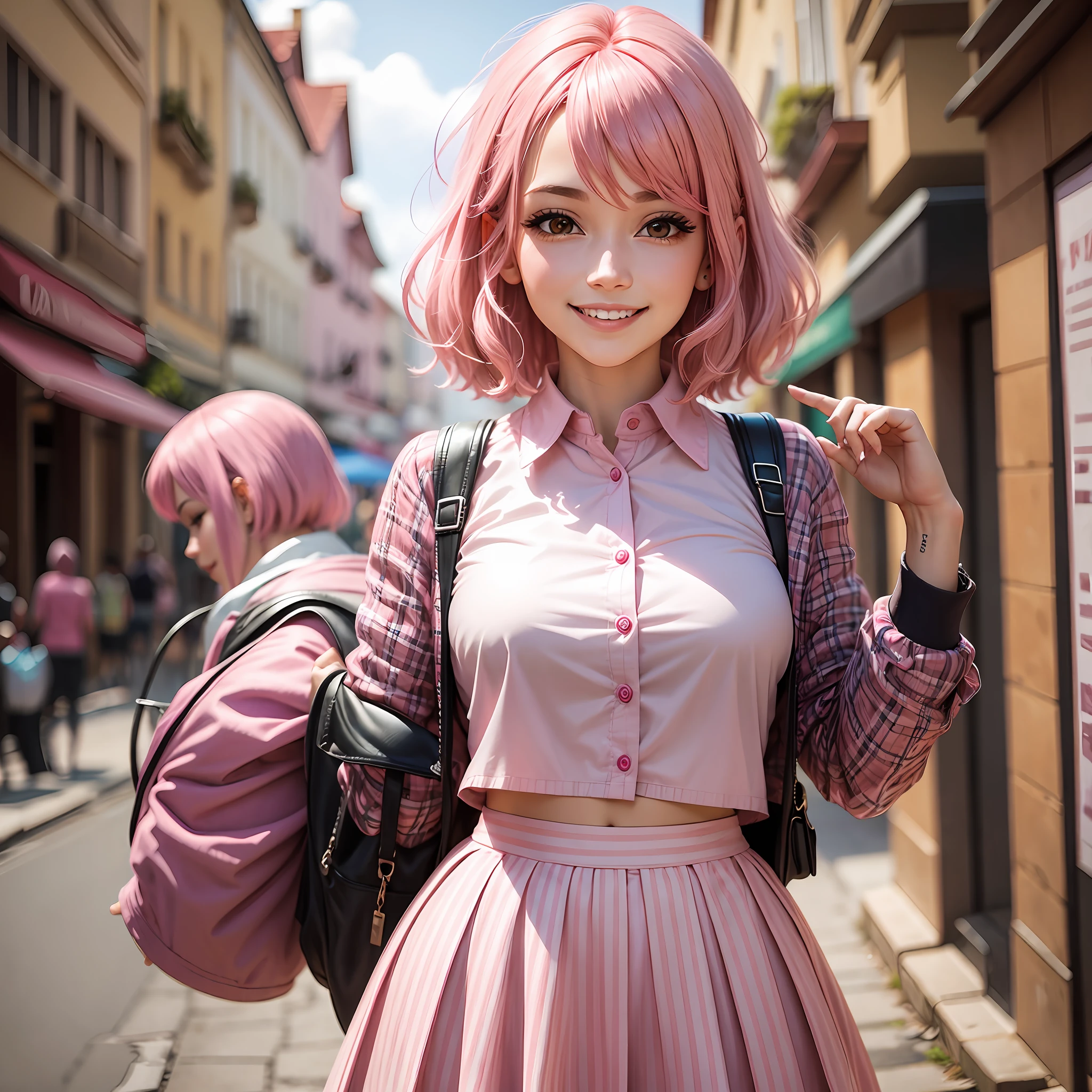 Woman,pink hair, skirt, blouse, smile --auto --s2