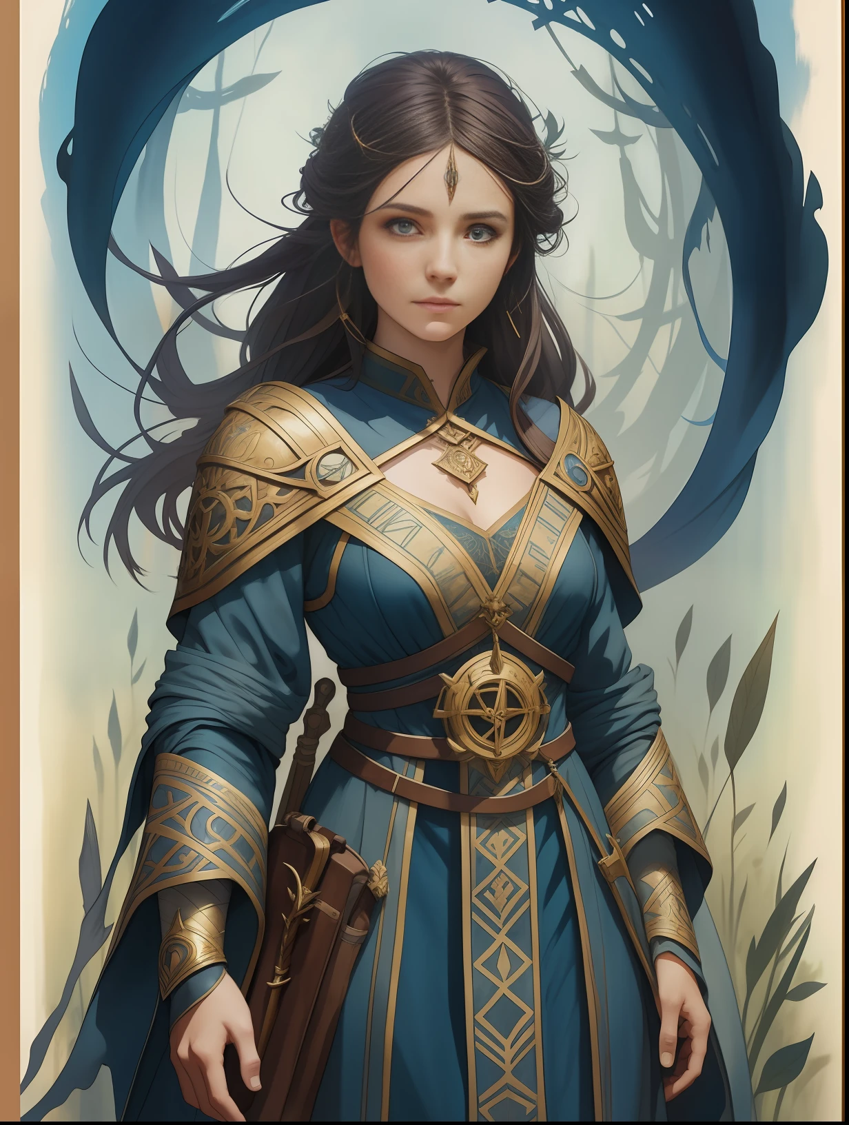 young woman RPG character wizard standing in the field, blue clothes, full body, light clothes, light hair, watercolor style, approaching perfection, pure form, concept art, by Brian Froud and Carne Griffiths and Wadim Kashin and John William Waterhouse, intricate details, 8k post-production, high resolution, hyperdetailed, trend in artstation, sharp focus, studio photo, intricate details, highly detailed, by Greg Rutkowski