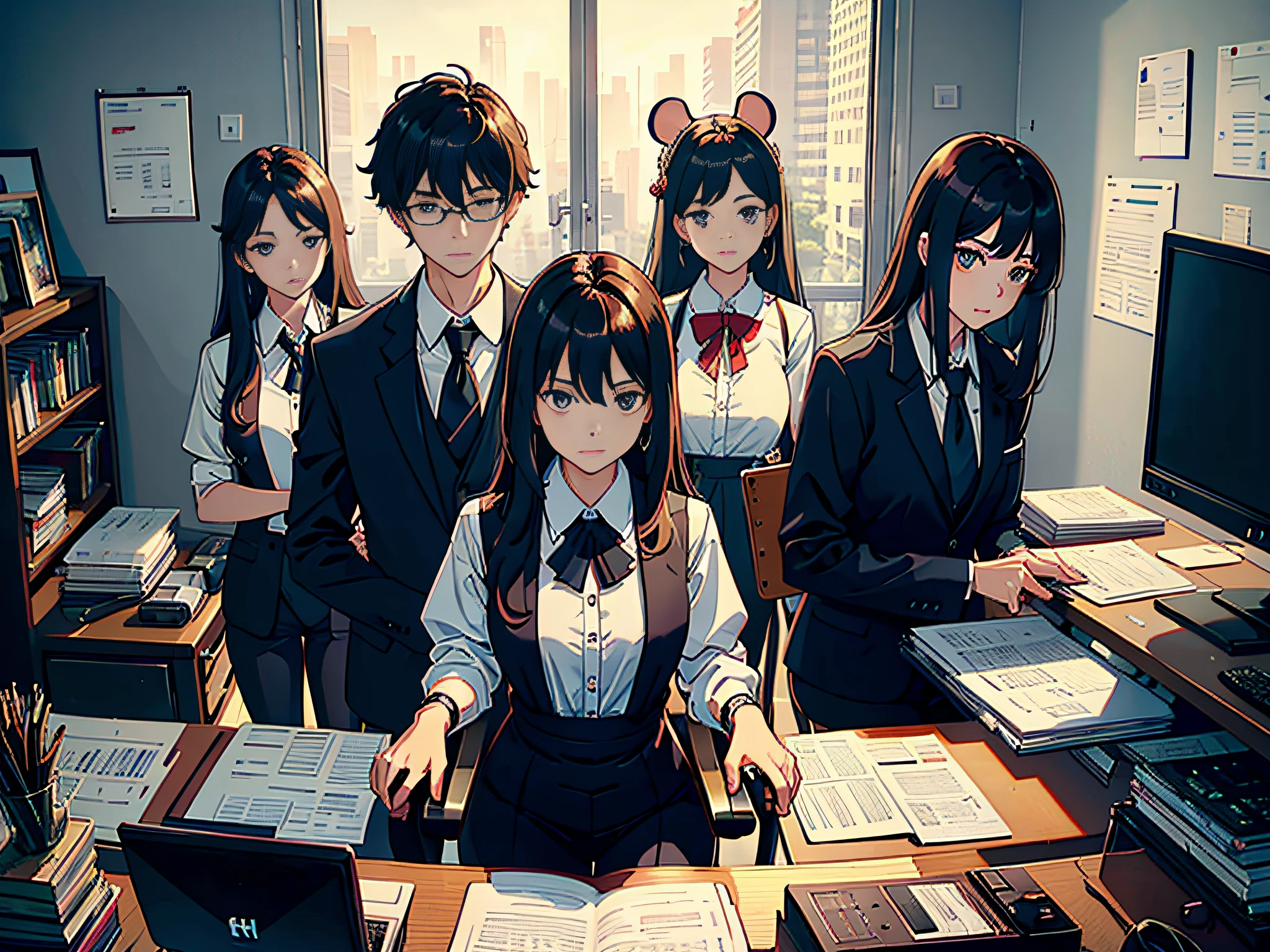 At nine o'clock in the morning, six male and female teachers are in the indoor office, these teachers are dressed in formal clothes, these teachers are wearing short-sleeved shirts, sitting in front of the computer, computer, mouse, keyboard, document, pen, the teacher's eyes are looking at the screen, the background is the reading room, the camera looks at the teachers, the lens is mainly featured on the upper body, in the Loepfe art style ((Xinhai City), popular in CGStation, Xinhaicheng H 2160, inspired by Bian Shoumin, Xinhaicheng, Kavasi, Guwitz style, high quality, 4K, 8K, Resolution, -Auto-s2