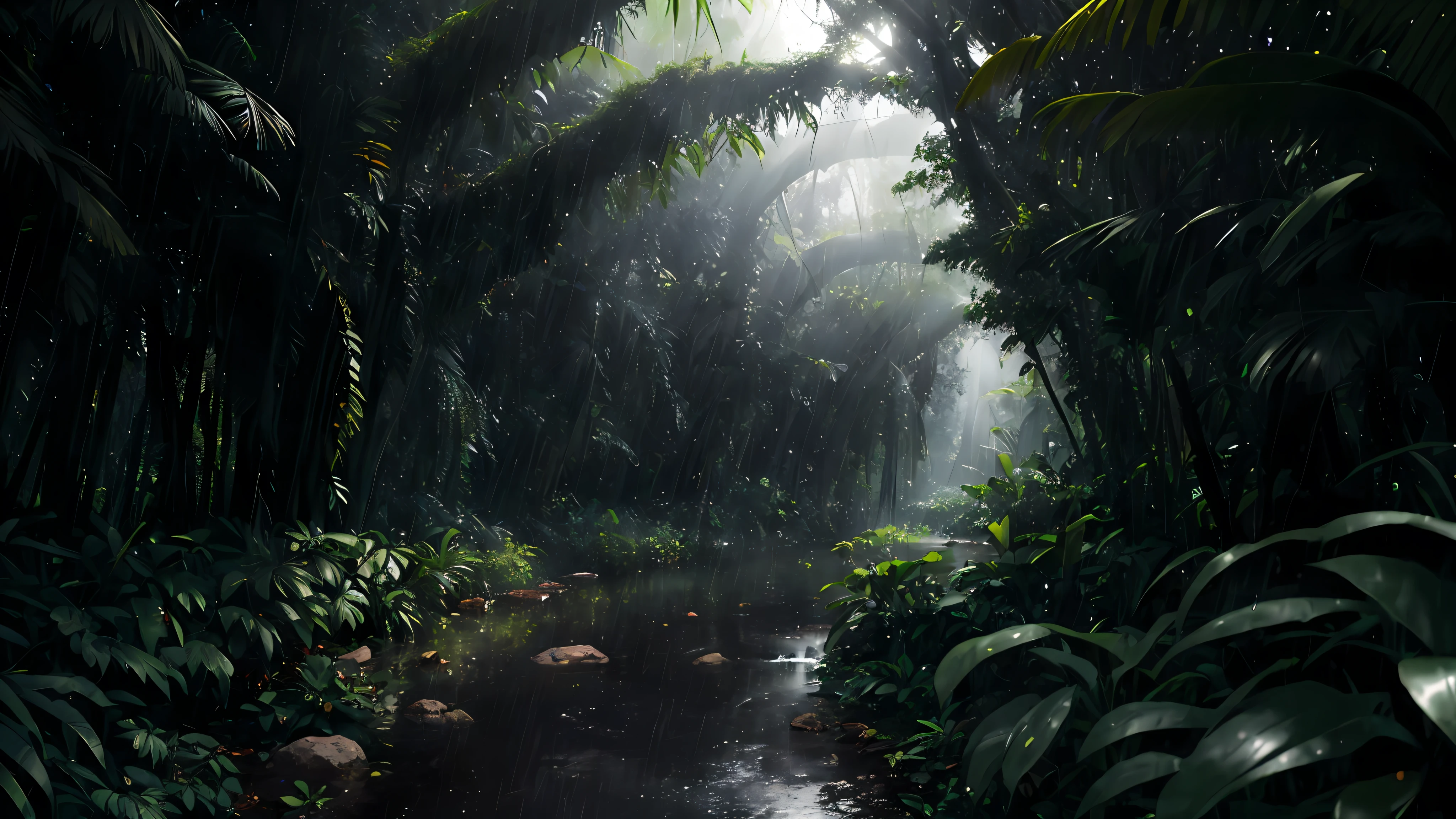 A jungle, with intense rainfall, monochromatic, vines all around, giant and wet trees, masterpiece, best quality, high quality, extremely detailed CG unity 8k wallpaper, oil paiting, award winning photography, Bokeh, Depth of Field, HDR, bloom, Chromatic Aberration ,Photorealistic,extremely detailed, trending on artstation, trending on CGsociety, Intricate, High Detail, dramatic, art by midjourney, volumetric lighting.
Image Size : 960x536
