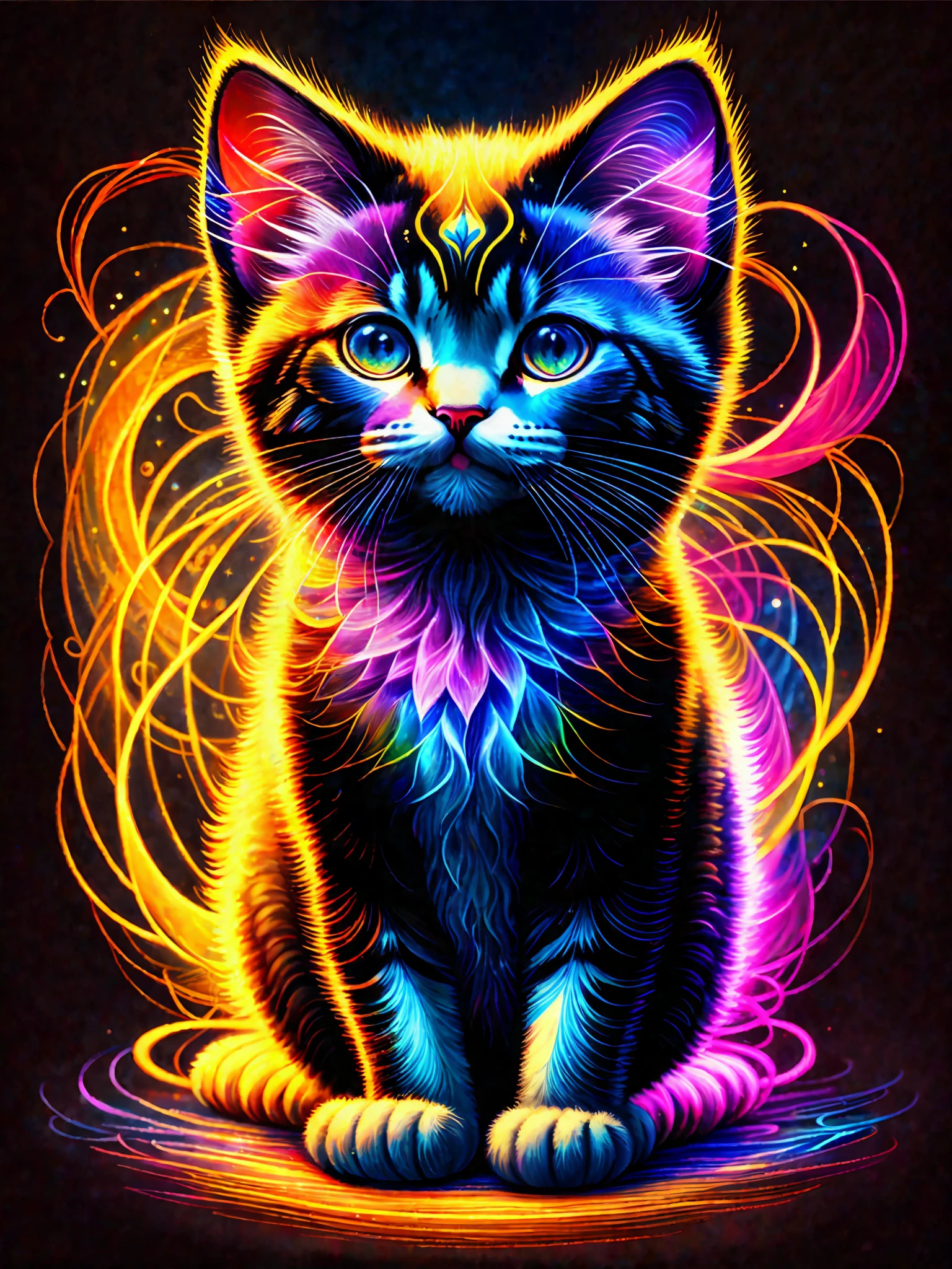 a painting of colored umabaleia on a black background,, breathtaking rendering, within a radiant connection, inspired by Kinuko Y. Craft,, magical elements, kitten icon, wow, is beautiful, casting a multi colorful spell, bright flash, flash