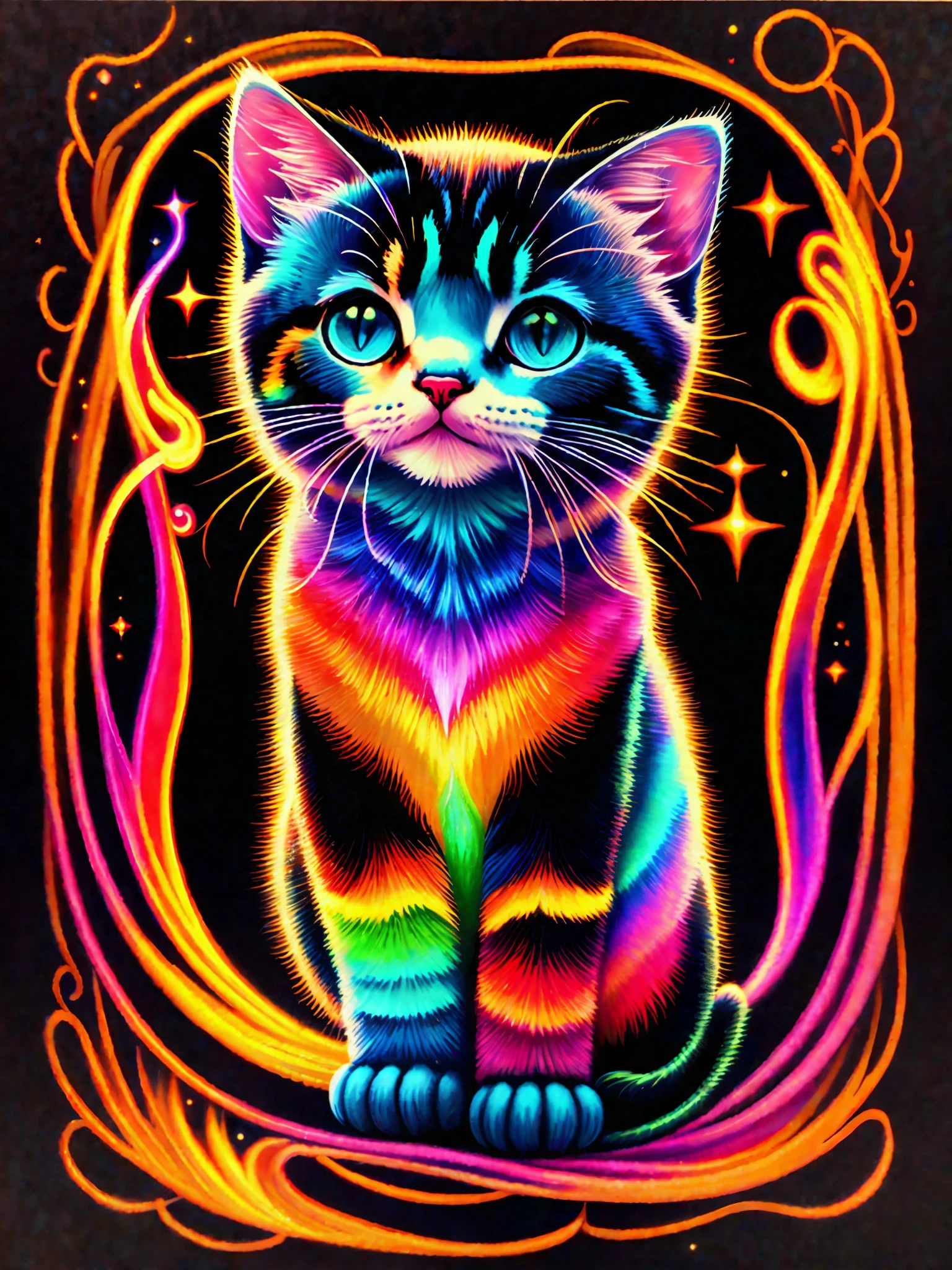 a painting of colored umabaleia on a black background,, breathtaking rendering, within a radiant connection, inspired by Kinuko Y. Craft,, magical elements, kitten icon, wow, is beautiful, casting a multi colorful spell, bright flash, flash