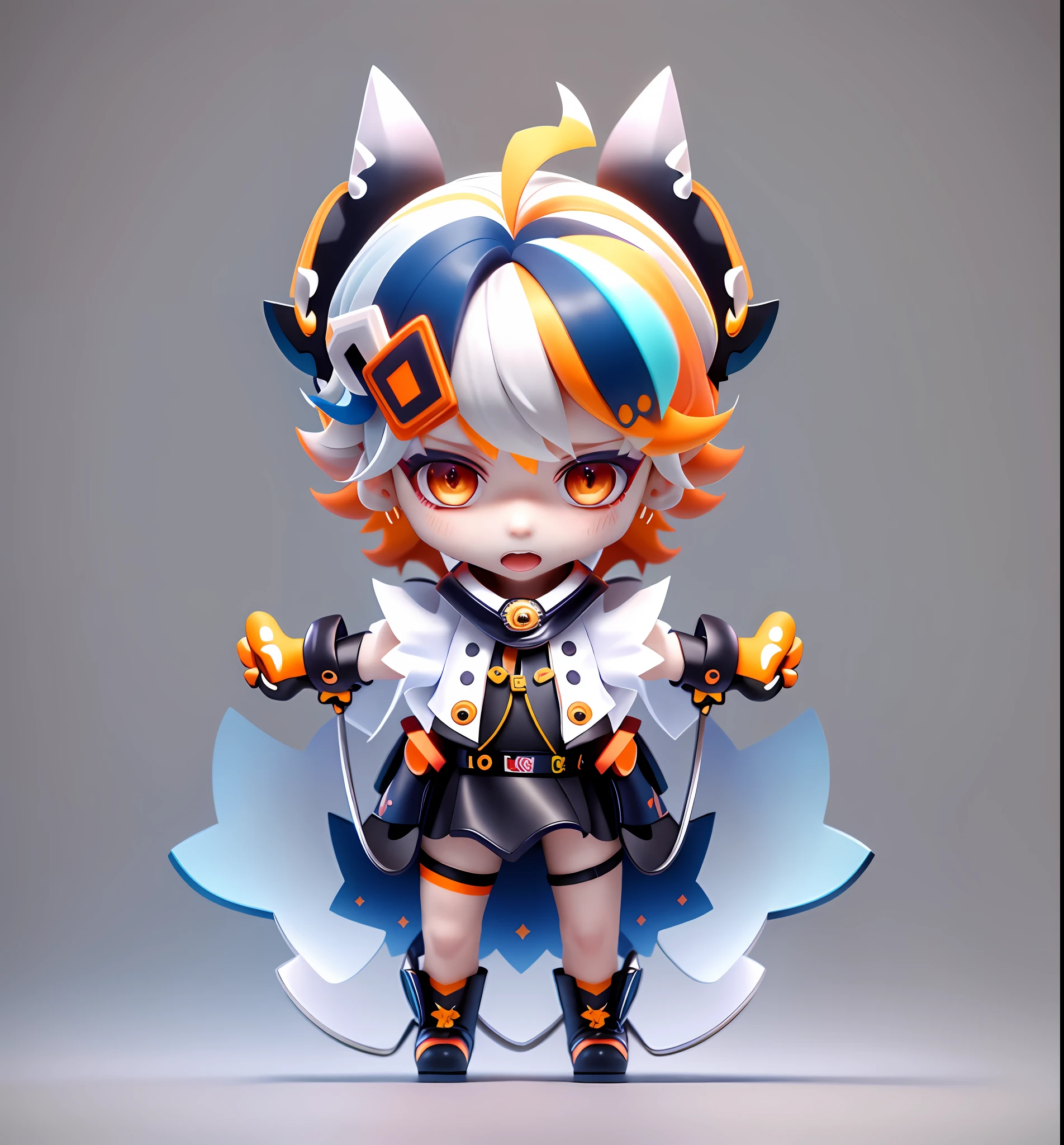 chibi, solo, grey background, 1boy, orange eyes, multicolored hair, male focus, open mouth, simple background, blonde hair, full body, gloves, looking at viewer, hair ornament, virtual youtuber, streaked hair, black footwear, ahoge, white hair, black gloves, blue hair, standing