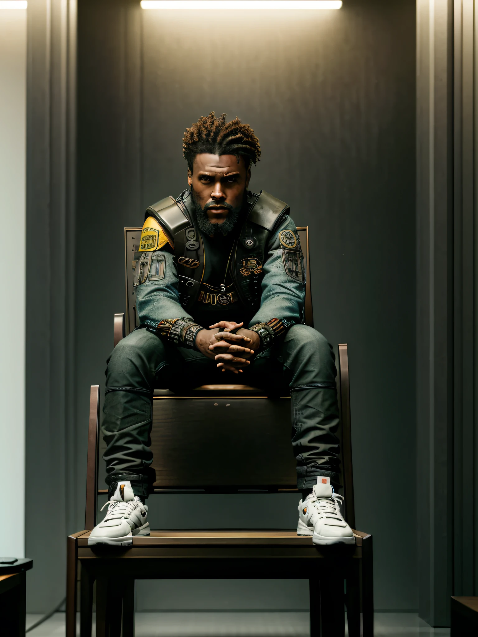 There is a man sitting in a chair in a room, sitting in a chair, sitting in a chair, sitting in a chair, sitting, sitting on the throne, sitting in the chair, cyberpunk game style, curly man, ((masterpiece, best quality 1.3)) ultra detailed, 8k,adobe illustration realistic