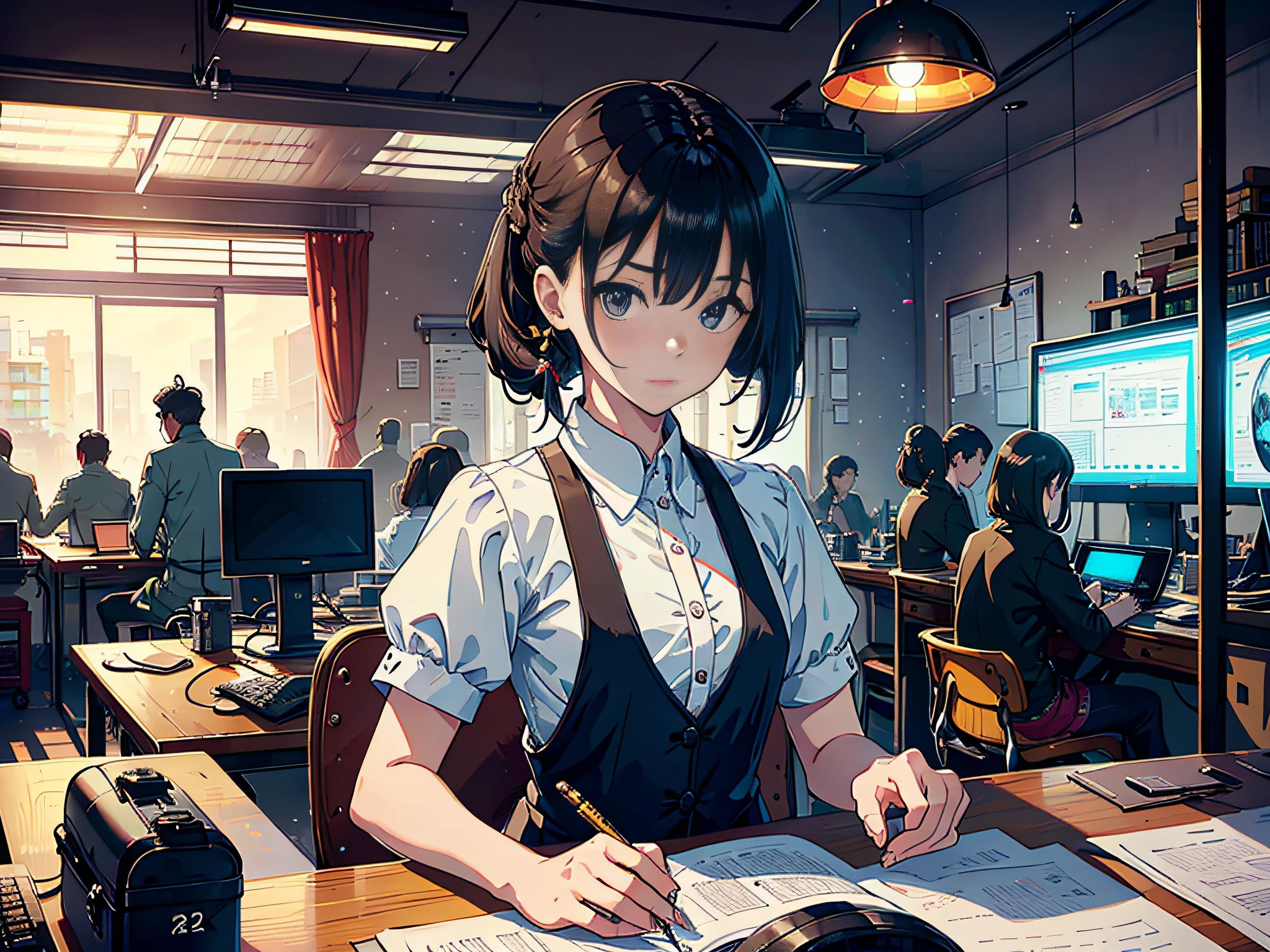 At nine o'clock in the morning, big office, computer office, there are many people looking at the computer screen, these many people are wearing formal clothes, a female staff member looks at the camera, the rest of the staff look at the screen, all people wear short-sleeved shirts, sitting in front of the computer and looking at the computer screen, the computer desk has a mouse, the computer desk has a keyboard, the computer desk has a document, the computer desk has a pen, these teachers look at the screen, the background of the lens is the reading room, the camera looks at the teachers, the lens is mainly characterized by the upper body, in the Loepfe art style ((Xinhai City), Popular in CGStation, Xinhaicheng H 2160, inspired by the style of Bian Shoumin, Xinhaicheng, Kavasi, Guwitz, high quality pictures, 4K, 8K, resolution, -auto-s2
