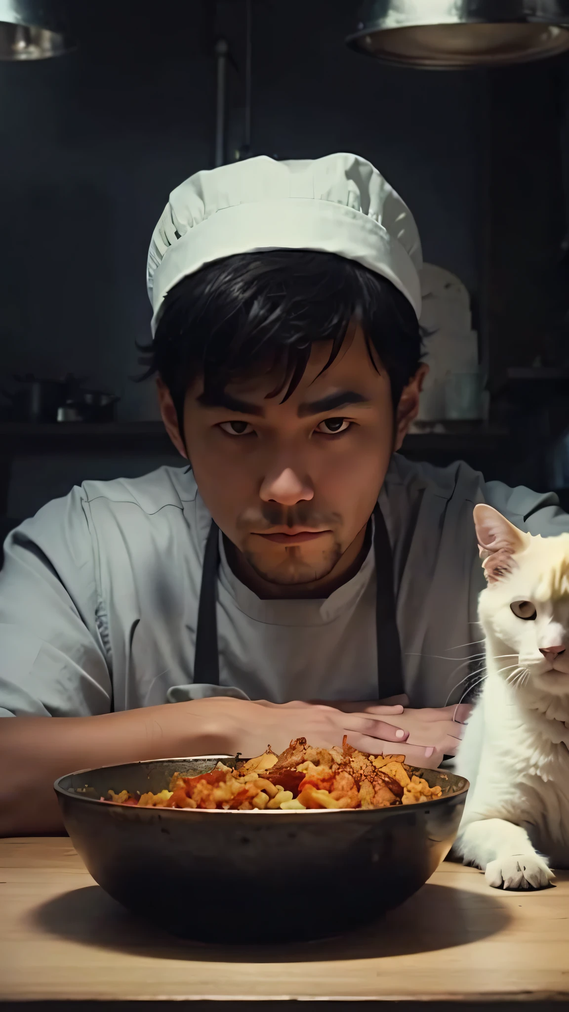 There is a man sitting at a table with a bowl of food and a cat, dark and macabre kitchen, cold stare