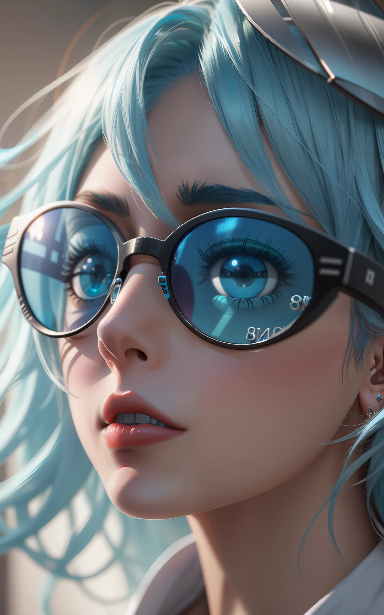light blue hair, sunglasses, hair ornament, Surrealism, depth of field, ray tracing, high detail, 8k, super detail, 8k, best quality, high details