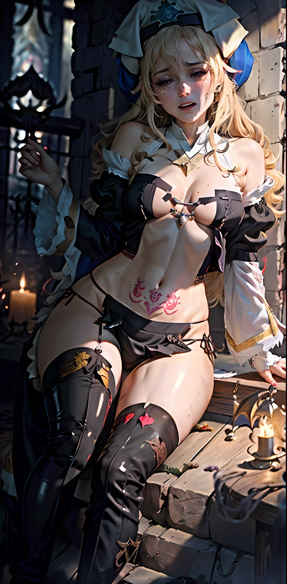 (full figure:1.1), moaning in pain, feeling pain, tearing, sore, crying, bust botox, sleeping beauty on back, wet skin and hair, hard breasts, blonde hair,  (White shirt, naked lower body, torn, mid-chest torn shirt, no underwear, shirt covers Live ass), (make her priestess:1.5), perfect body, open (perfect body, small ke), fashion realistic, high-definition sysie details, photography , sharpness, unique 850 4, koda850 k portrait camera, f1.6 lens, rich colors, super realistic texture, spectacular light texture, surreal art, Cinestil 800 fashion mechanism, scared to tears, full of tears, obey the pain, moan in pain, grimace in pain, ahegao, head back, (dragon tattoo on a leg:1.5)