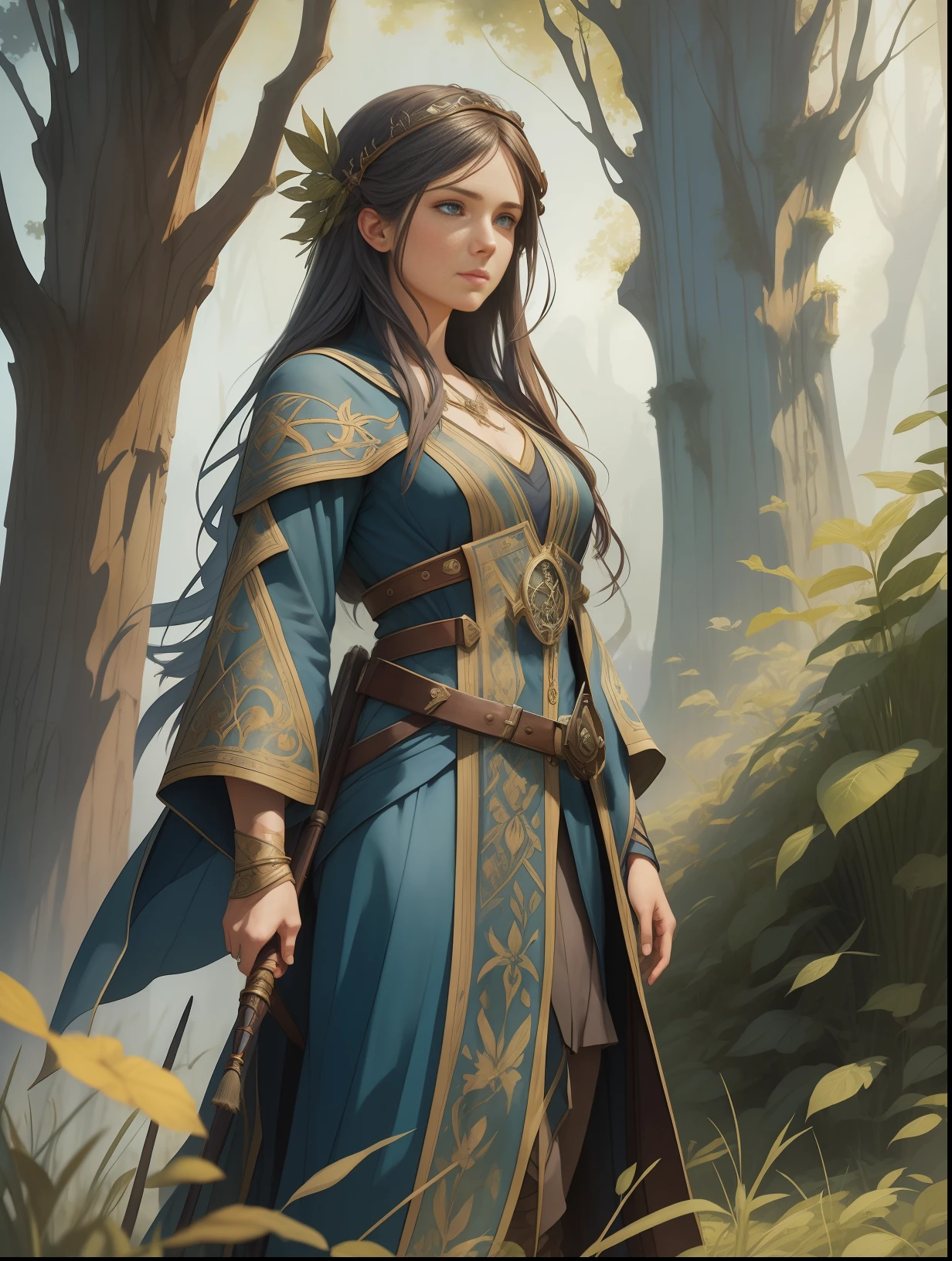young woman RPG character wizard standing in the field, blue clothes, full body, light clothes, light hair, watercolor style, approaching perfection, pure form, concept art, by Brian Froud and Carne Griffiths and Wadim Kashin and John William Waterhouse, intricate details, 8k post-production, high resolution, hyperdetailed, trend in artstation, sharp focus, studio photo, intricate details, highly detailed, by Greg Rutkowski