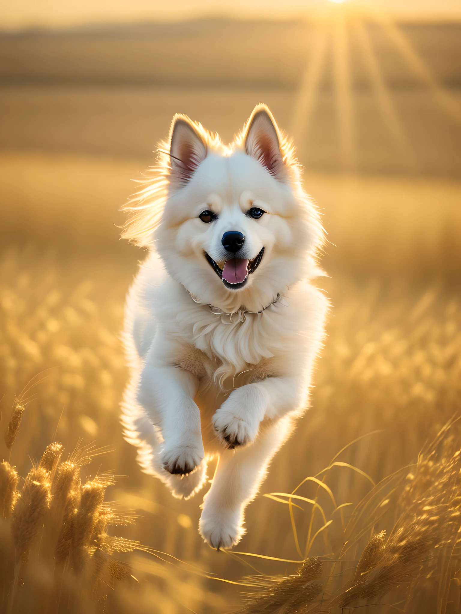 Close-up of a very cute jumping Samoyed dog in a golden wheat field, soft volumetric light, (backlight: 1.3), (movie: 1.2), intricate details, (ArtStation: 1.3), Rutkowski