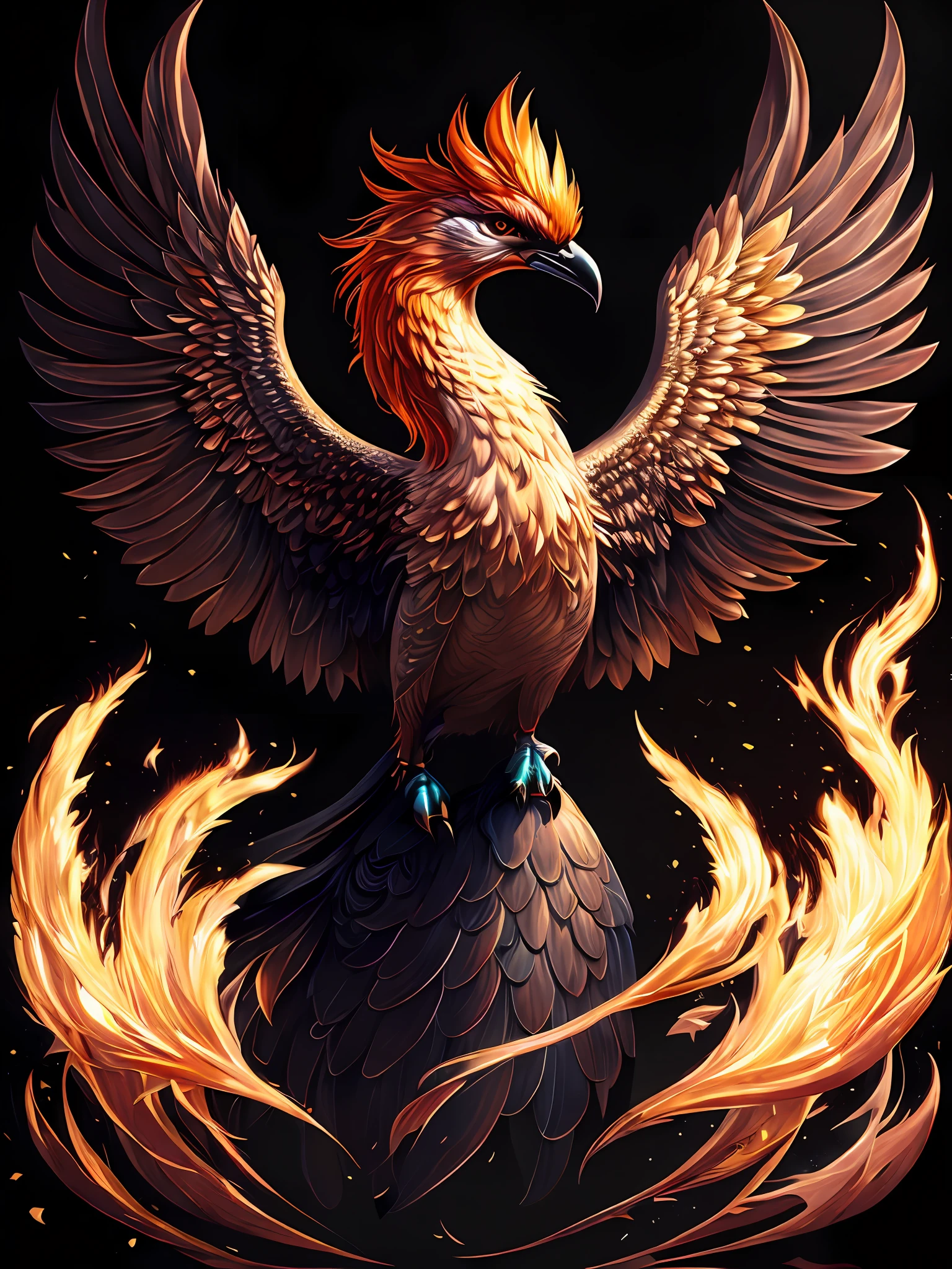 intricate and colorful, (digital painting:1.2) of phoenix firebird, (black background), by Artgerm, concept art, octane render, trending on artstation, iolibt, vfx, Blender and Photoshop, octane render, excellent composition, cinematic atmosphere, dynamic dramatic cinematic lighting, aesthetic, very inspirational, arthouse