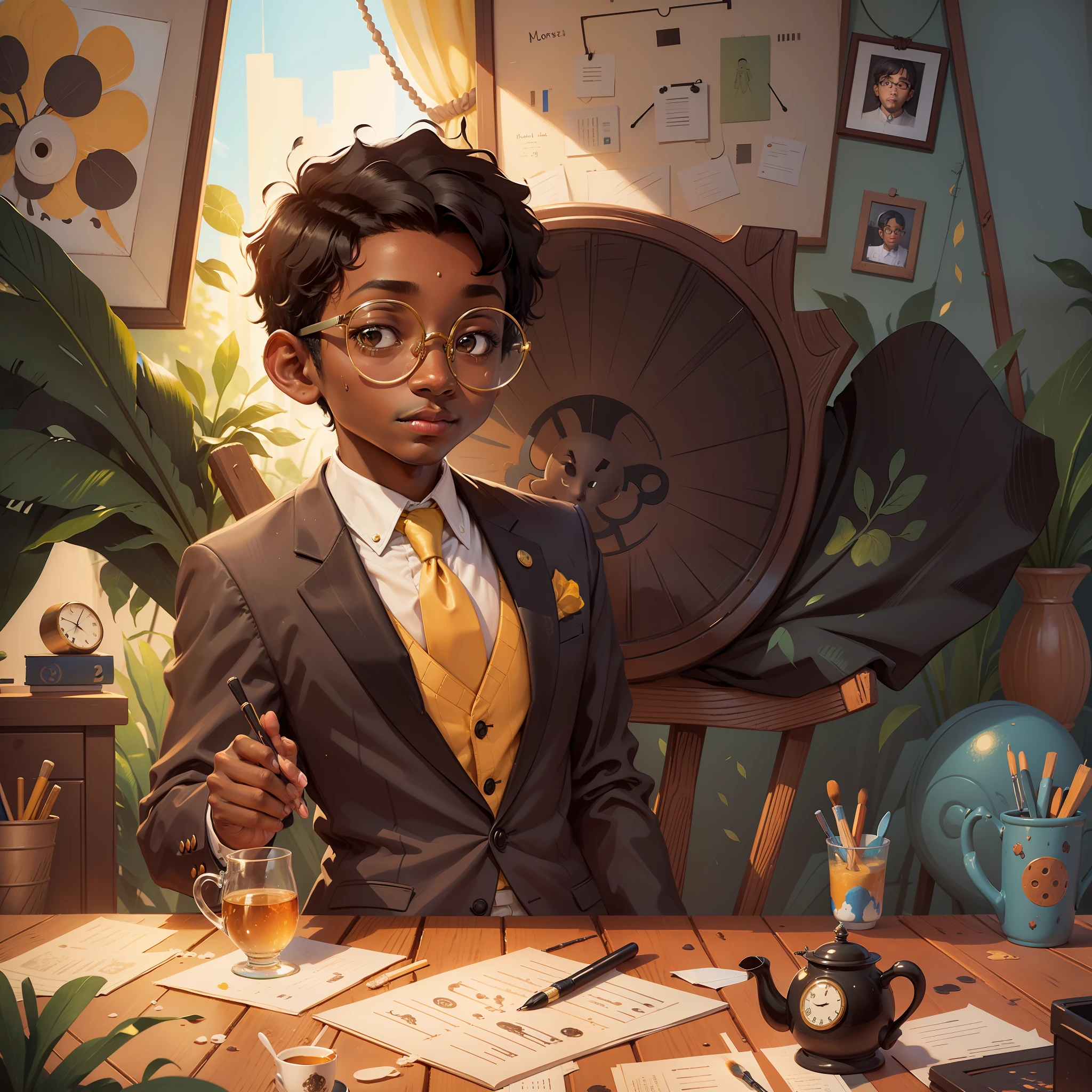 A black boy, round glasses, suit, painter, tea, painting, happy, perfect quality, clear focus (clutter - house: 0.8), (masterpiece: 1.2) (realistic: 1.2)(best quality) (detailed skin: 1.3) (intricate details) (8K) (detail eyes) (sharp focus), full body, character concept., yellow outfit, 2d, he is sitting, Monalisa pose, surrealism,