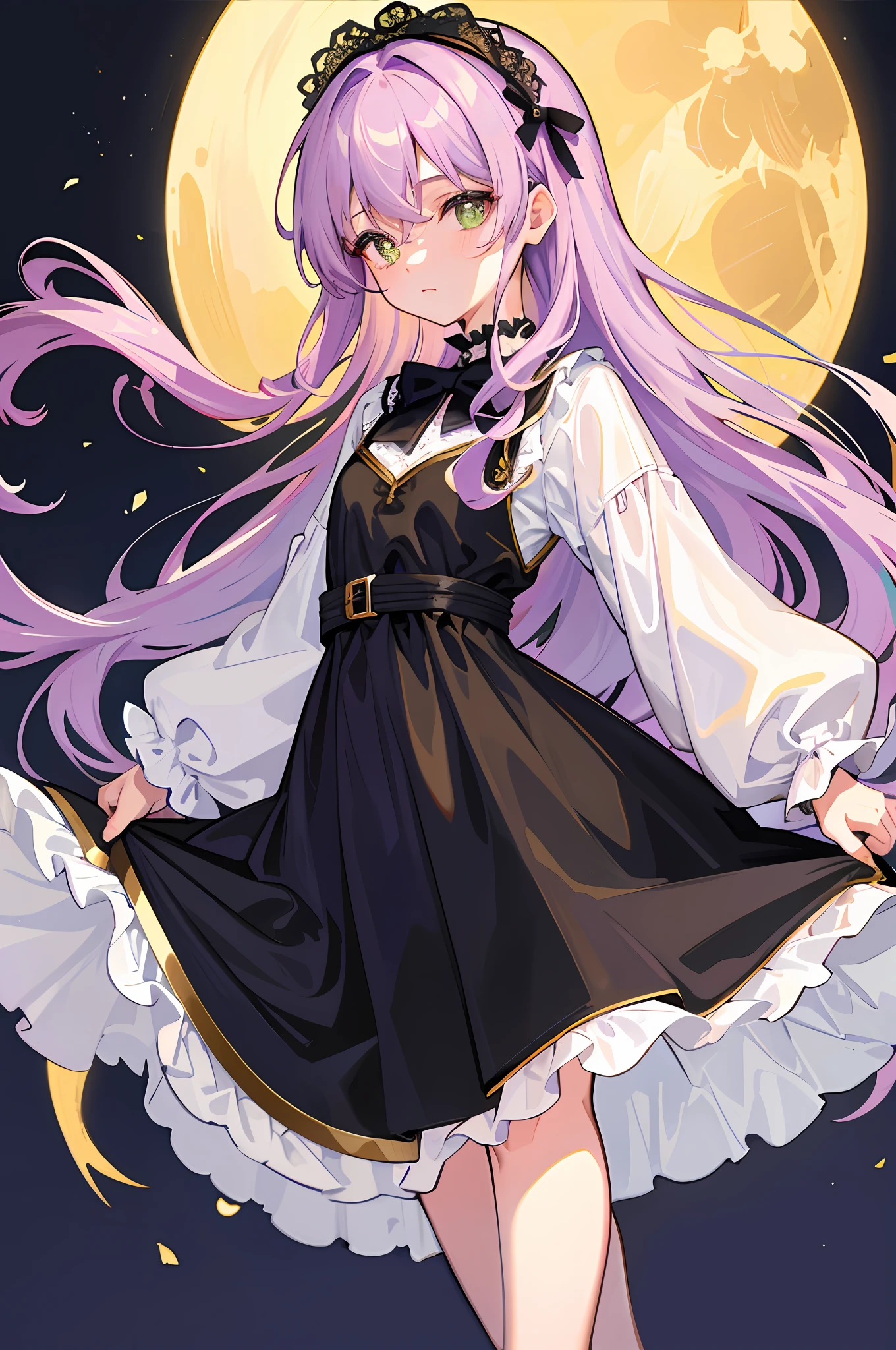 (Masterpiece, best quality), lilac hair, black headband with bow, golden-green pupils, clear picture quality, single, slightly curly long hair, girl, knotless hair, adult girl, black dress, lace gold rim, eldest lady, moon background, delicate