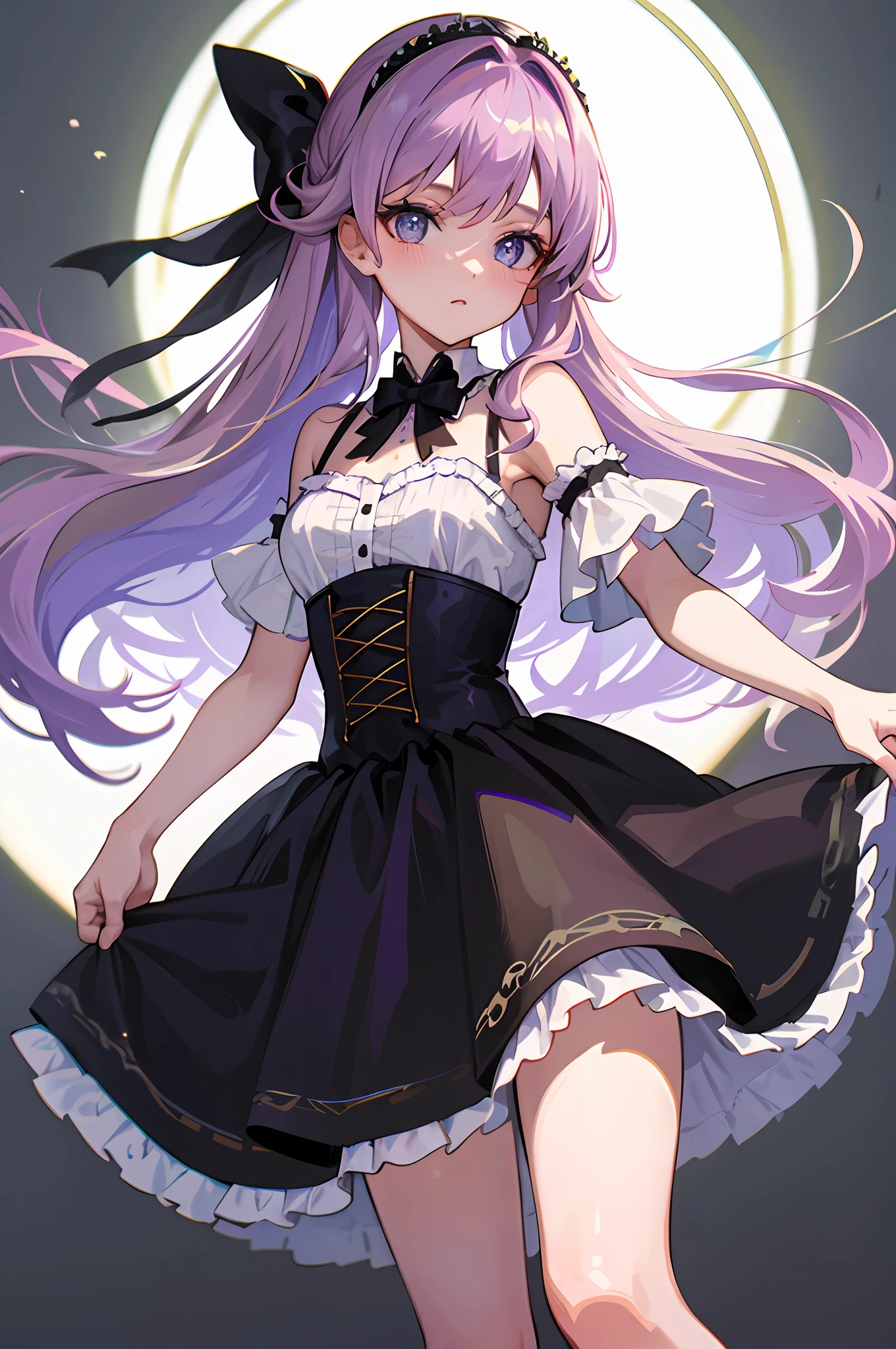 (Masterpiece, best quality), lilac hair, black headband with bow, green-blond eyes, clear picture quality, single, slightly curly long hair, girl, knotless hair, 20 years old, black lace skirt