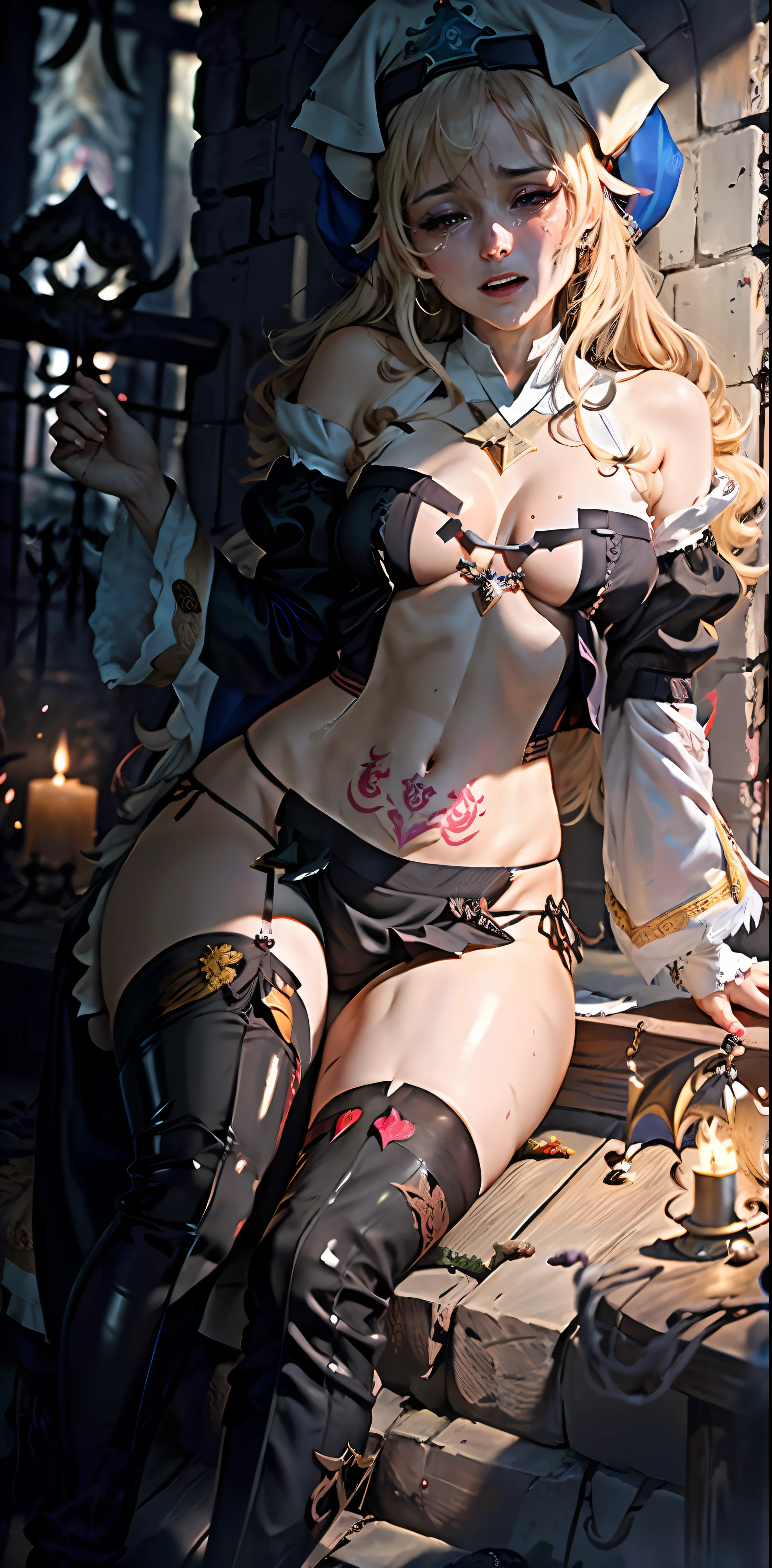 (full figure:1.1), moaning in pain, feeling pain, tearing, sore, crying, bust botox, sleeping beauty on back, wet skin and hair, hard breasts, blonde hair, (White shirt, naked lower body, torn, mid-chest torn shirt, no underwear, shirt covers Live ass), (make her priestess:1.5), perfect body, open (perfect body, small ke), fashion realistic, high-definition sysie details, photography , sharpness, unique 850 4, koda850 k portrait camera, f1.6 lens, rich colors, super realistic texture, spectacular light texture, surreal art, Cinestil 800 fashion mechanism, scared to tears, full of tears, obey the pain, moan in pain, grimace in pain, ahegao, head back, (dragon tattoo on a leg:1.5)