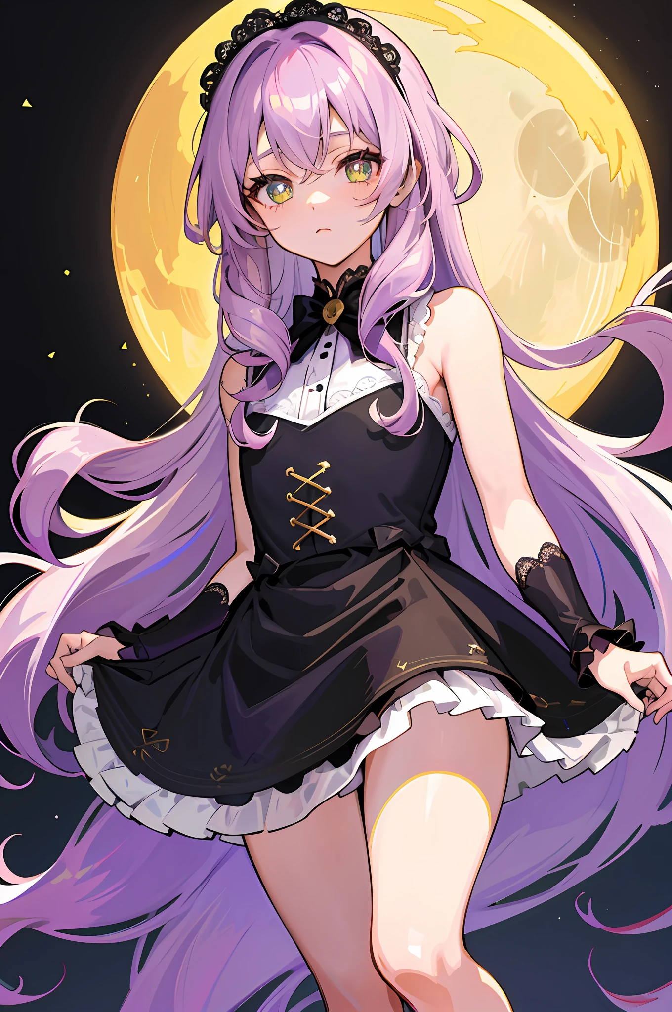 (Masterpiece, best quality), lilac hair, black headband with bow, golden green pupils, clear picture quality, single, slightly curly long hair, girl, no knotted hair, adult girl, black dress white background, lace gold rim, big miss, moon background, delicate