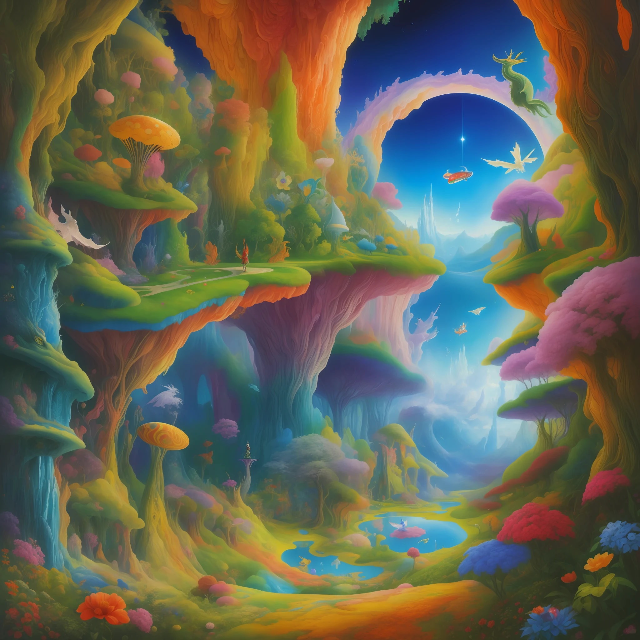 ((Best quality)), ((masterpiece)), ((realistic)), an astronaut gracefully soars through the psychedelic landscape of Alice in Wonderland, mounted atop a majestic dragon. The enchanting scene showcases a surreal forest with vibrant flora and peculiar creatures. The lighting is hypnotic, casting kaleidoscopic colors across the entire composition. Created by the renowned artist Salvador Dali, this oil on canvas masterpiece captures the essence of surrealism. The mural transports the viewer into a mesmerizing world, where every brushstroke is filled with lifelike details, offering an immersive experience. On eye level, scenic, masterpiece.