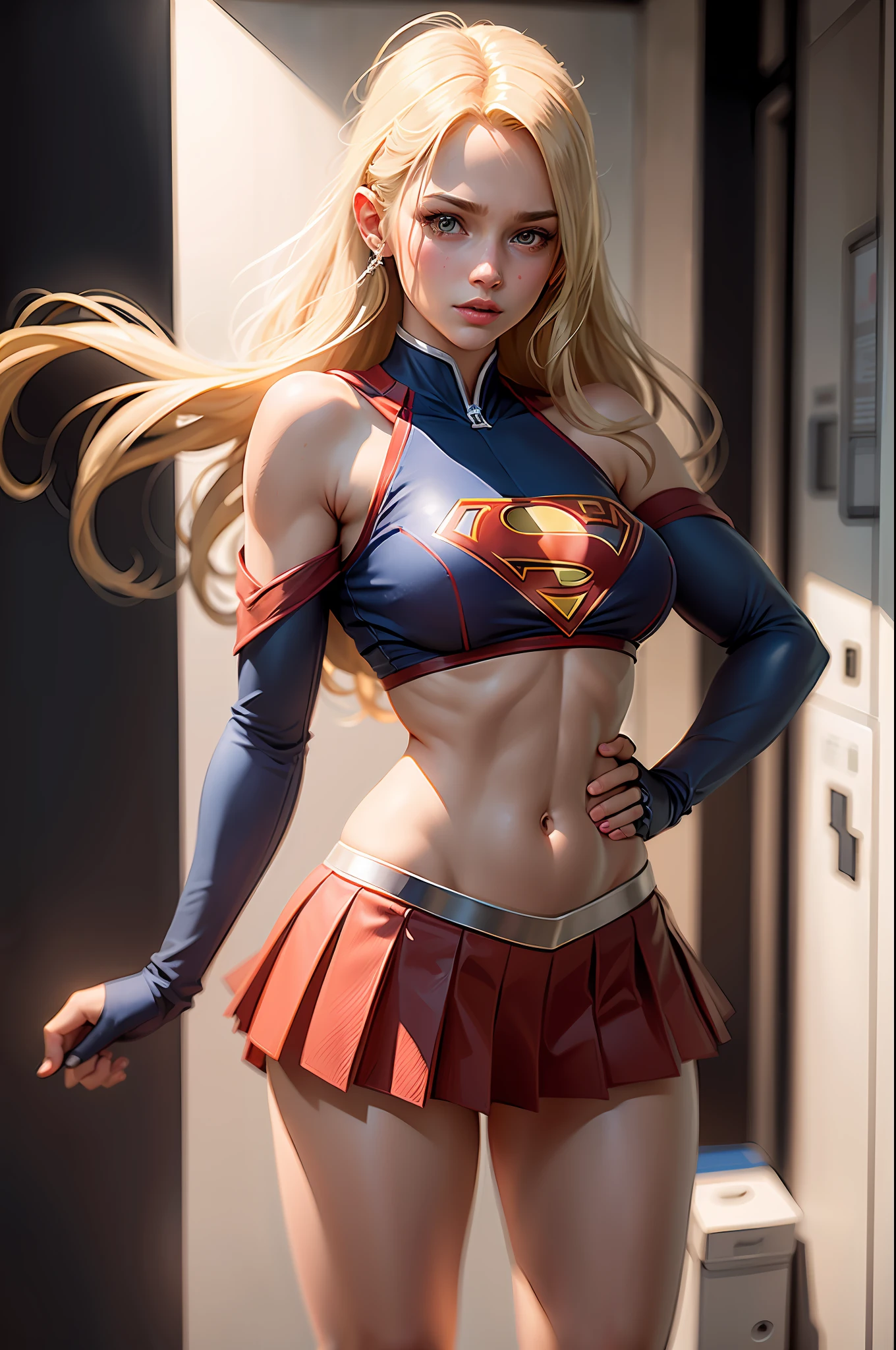 Supergirl, long blonde hair, 18 years old, breasts gtanfes,large breasts, wearing (cheerleader Supergirl Suit, cropped sleeveless godê top, pleated miniskirt), highly detailed, Artstation, soft, sharp focus, 8K, no bra,