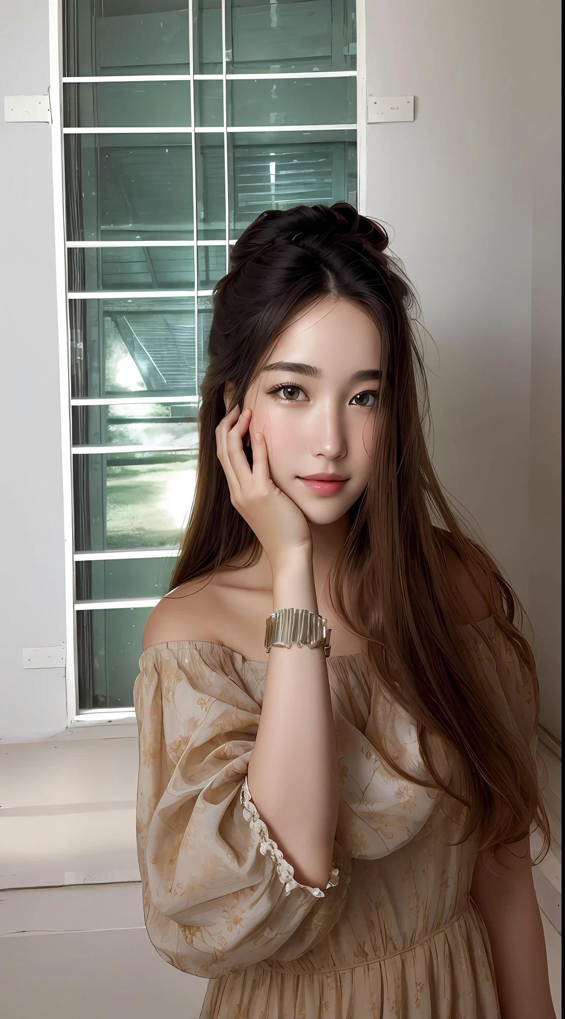 "Masterpiece quality, ultra high resolution, (photorealistic:1.4), raw photo, 1girl in a white off-shoulder dress, looking at the camera, surrounded by a field of blooming flowers, radiant skin and a light smile."