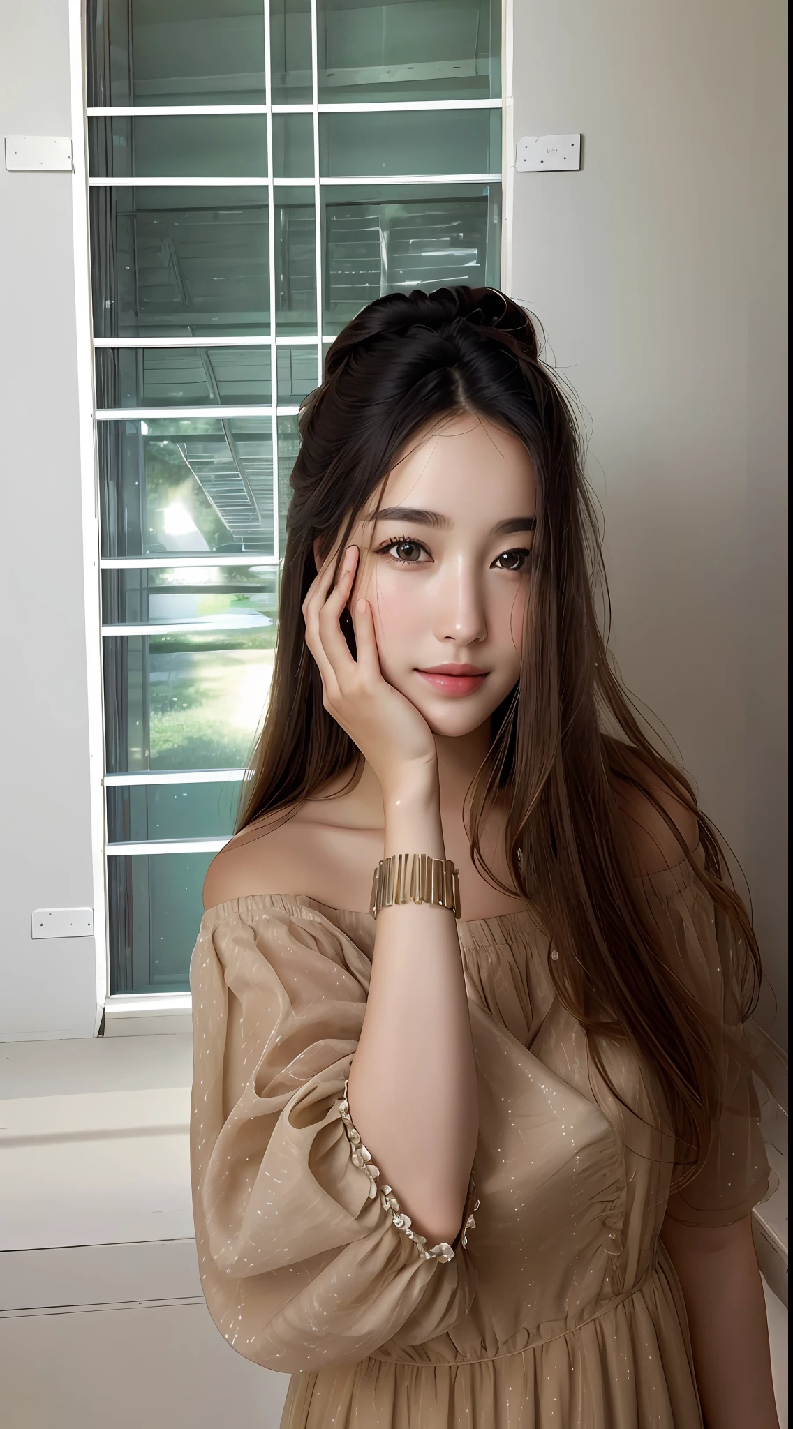 "Masterpiece quality, ultra high resolution, (photorealistic:1.4), raw photo, 1girl in a white off-shoulder dress, looking at the camera, surrounded by a field of blooming flowers, radiant skin and a light smile."