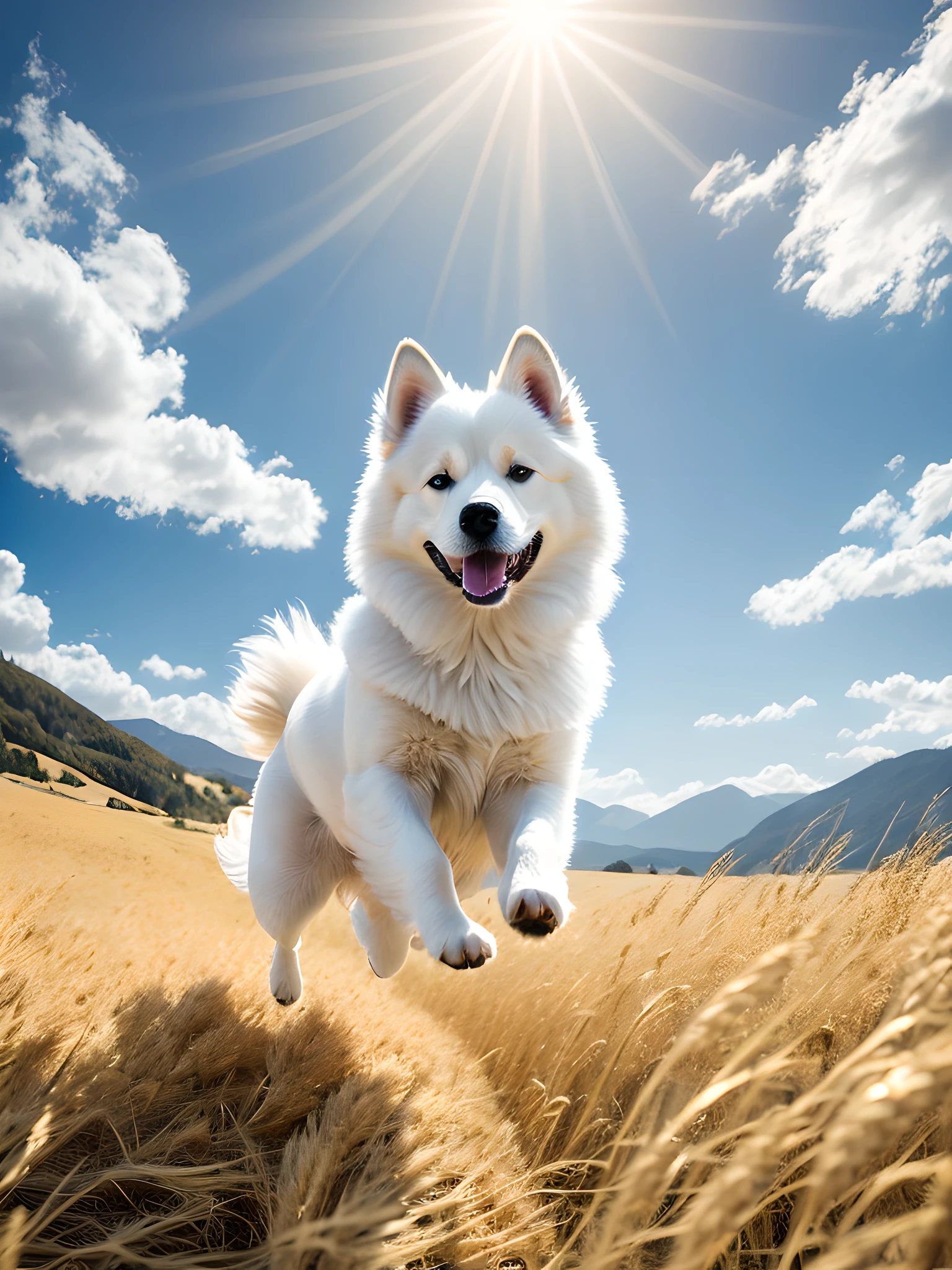 Photo of a very cute jumping Samoyed dog in a golden wheat field with continuous mountain peaks, blue sky, white clouds, soft volumetric light, (backlight: 1.3), (movie: 1.2), intricate details, (ArtStation: 1.3), Rutkowski