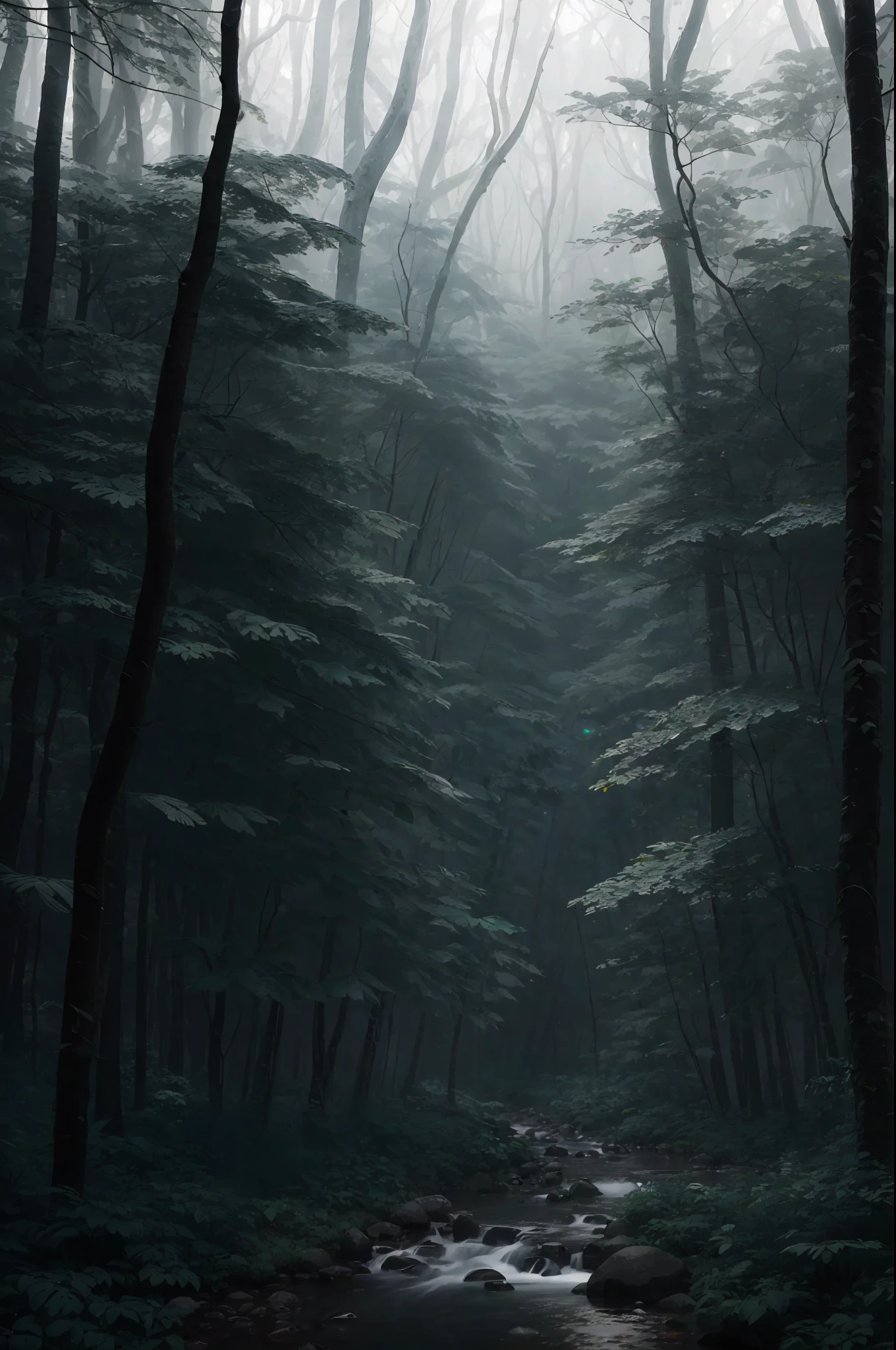 A dense forest in the midst of a heavy nighttime downpour, with raindrops cascading down the trees and thunder rumbling in the distance, masterpiece, best quality, high quality, extremely detailed CG unity 8k wallpaper, oil paiting, award winning photography, Bokeh, Depth of Field, HDR, bloom, Chromatic Aberration ,Photorealistic,extremely detailed, trending on artstation, trending on CGsociety, Intricate, High Detail, dramatic, art by midjourney, (volumetric lighting:1.2)