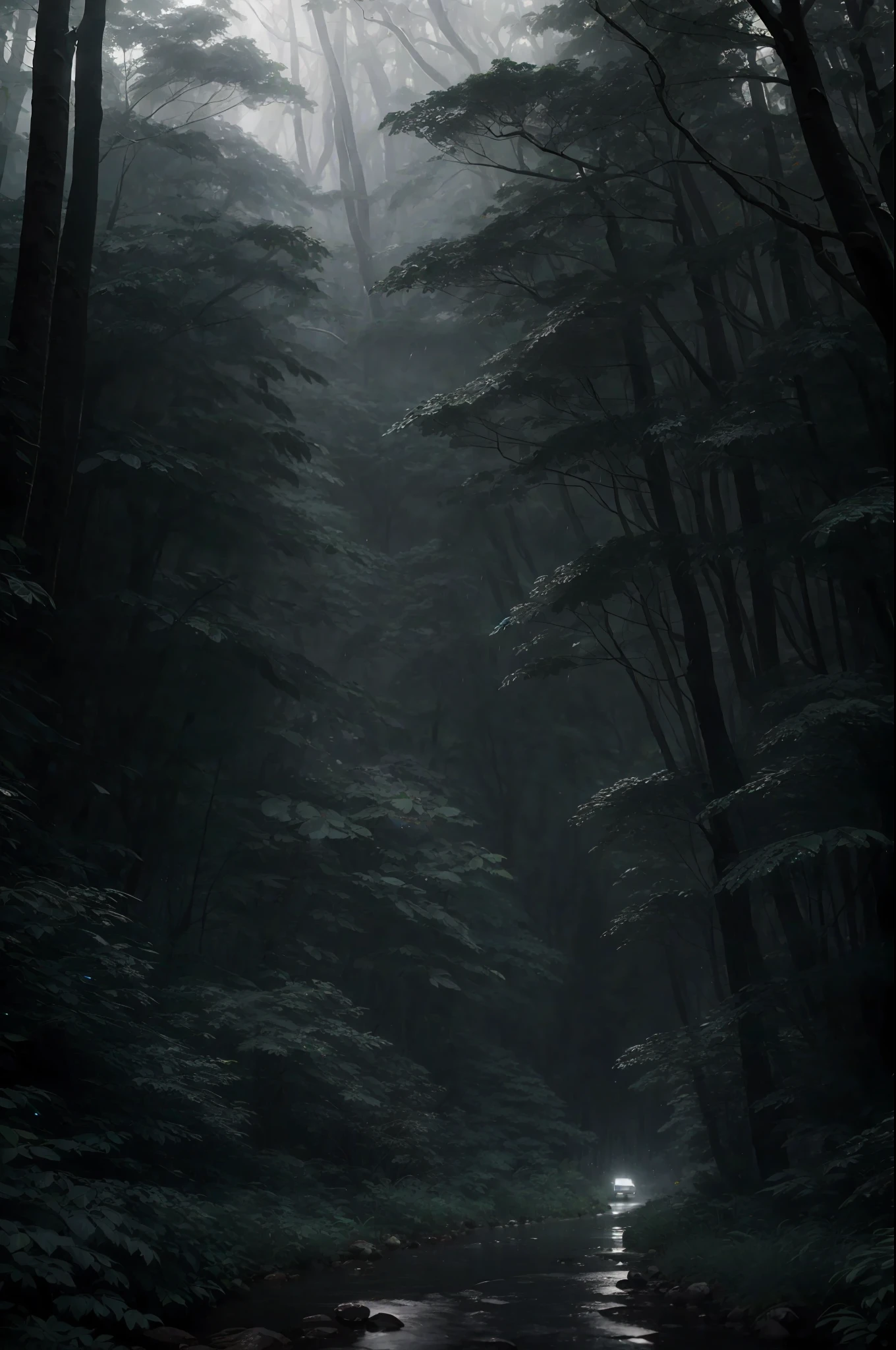 A dense forest in the midst of a heavy nighttime downpour, with raindrops cascading down the trees and thunder rumbling in the distance, masterpiece, best quality, high quality, extremely detailed CG unity 8k wallpaper, oil paiting, award winning photography, Bokeh, Depth of Field, HDR, bloom, Chromatic Aberration ,Photorealistic,extremely detailed, trending on artstation, trending on CGsociety, Intricate, High Detail, dramatic, art by midjourney, (volumetric lighting:1.2)