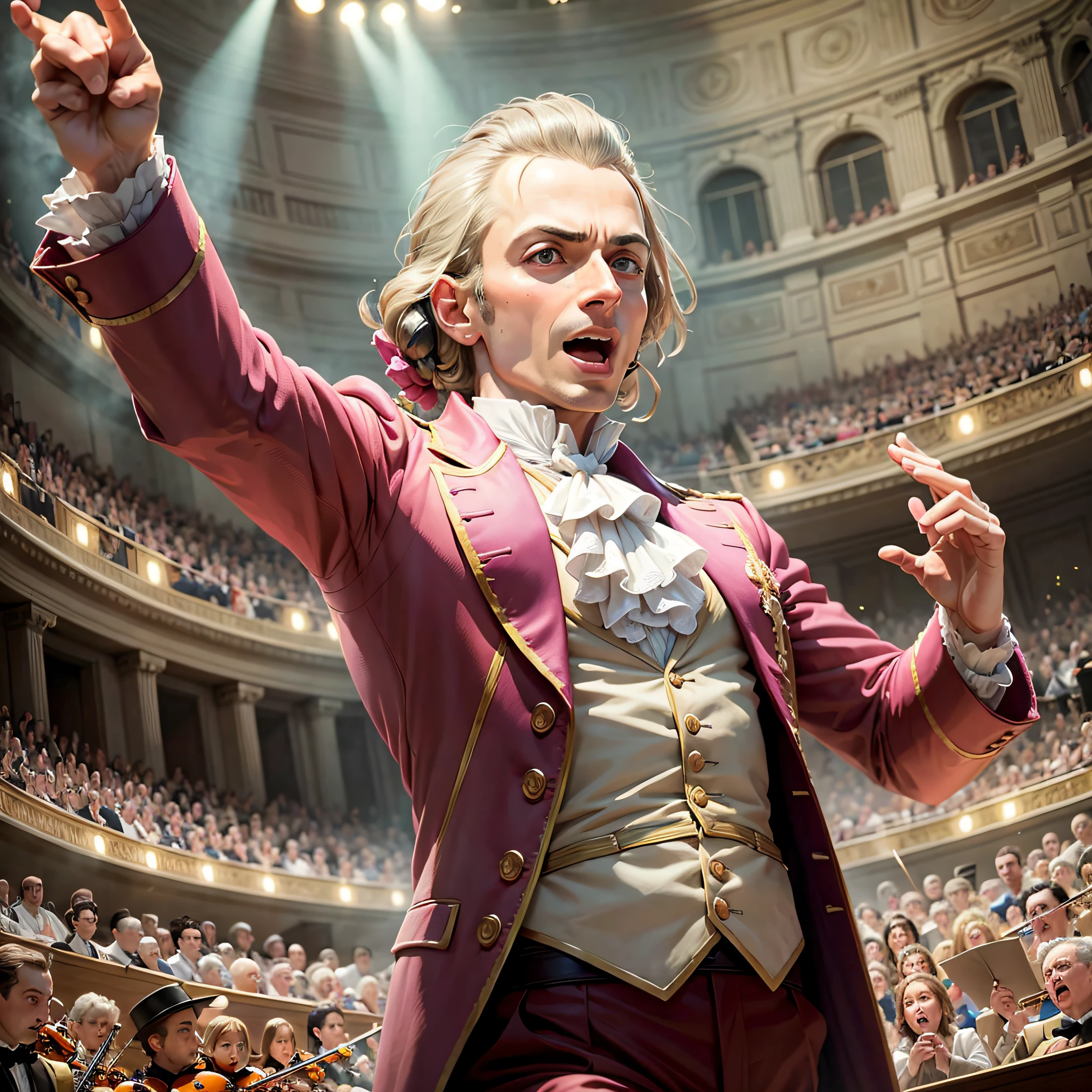 An image of Mozart in action, conducting an orchestra, with a cheering crowd in the background, suggesting the emotion and energy of his concerts. --auto --s2