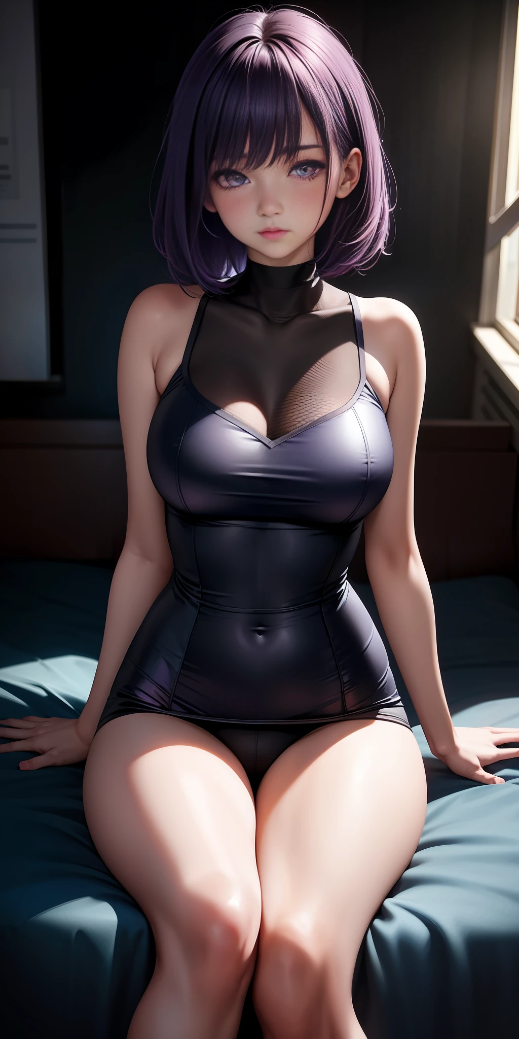 Delicate face, parted legs, female teacher, no underwear, JK, 1girl, colored hair, purple eyes, glowing eyes, parted lips, flushing, blushing, large bed in the room,